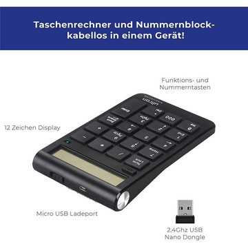 Ultron UN2 Nummernblock + Taschenrechner Wireless-Tastatur (2,4 GHz, Funk, 12 Zeichen Display, Akku, Micro USB Ladekabel)