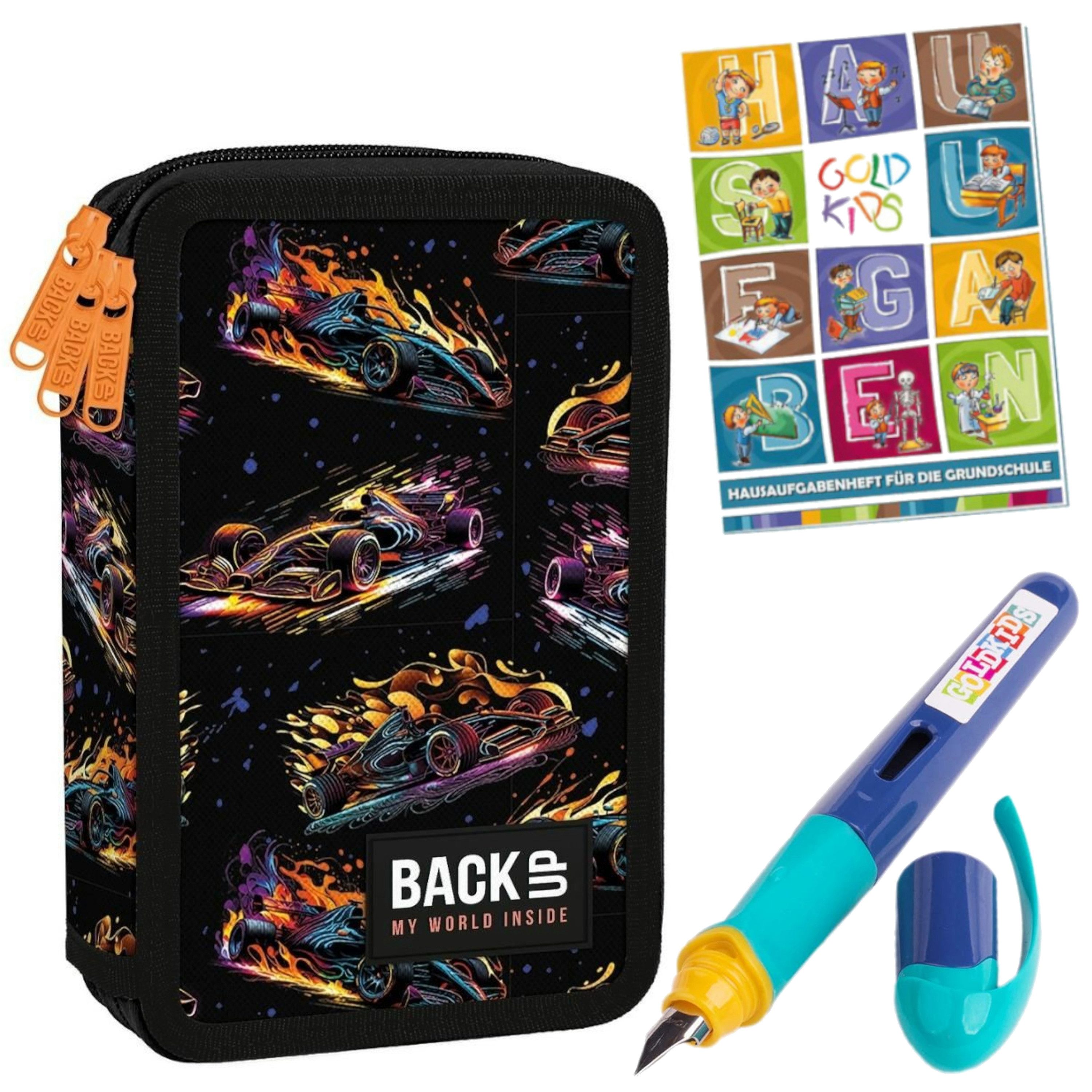 GOLDKIDS Federmäppchen 3 Fächer - Mäppchen für Mädchen und Jungen -, (Federmappe 3-Fach Federtasche Gefüllte, Schüleretui Schulmäppchen), Hausaufgabenheft und Füller