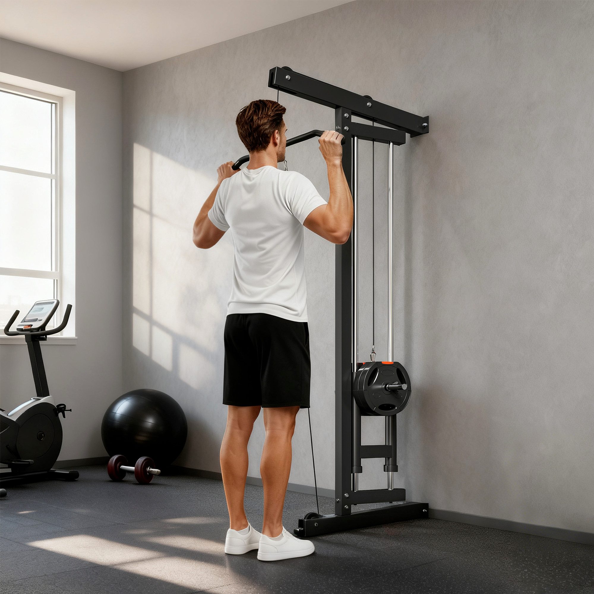 SPORTNOW Kraftstation inkl. Latzugstange Seilzug, bis 120kg Belastbar, 0 Gewichtsblöcke (Latzugstation Verstellbar zur Wandmontage, 1-tlg., Latzugturm), für Zuhause