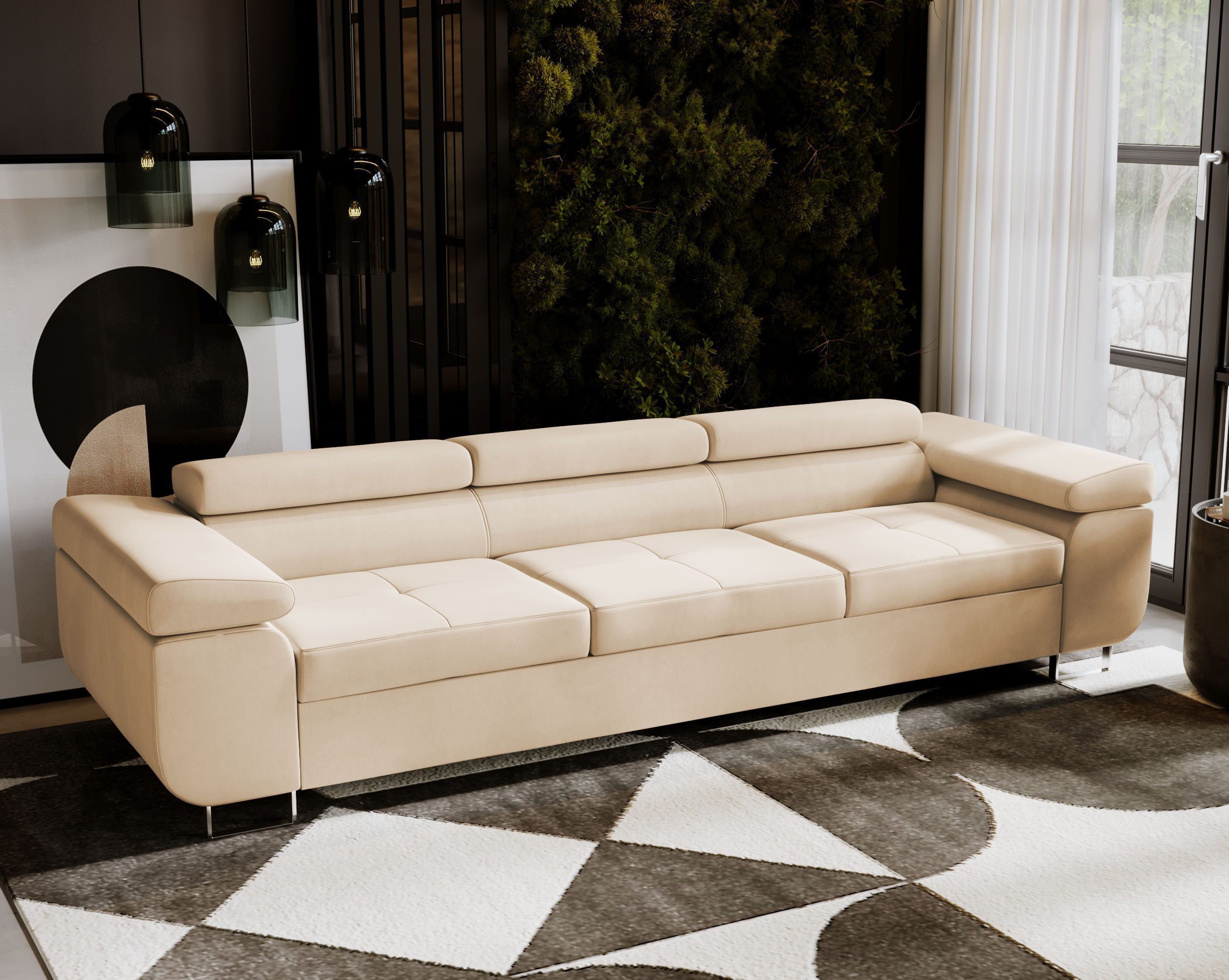 Goldstoff 3-Sitzer VENUS Schlafsofa, Ausziehsofa mit Bettkasten, verstellbare Kopfstützen, Coach - Sofa mit Schlaffunktion, mit Relaxfunktion