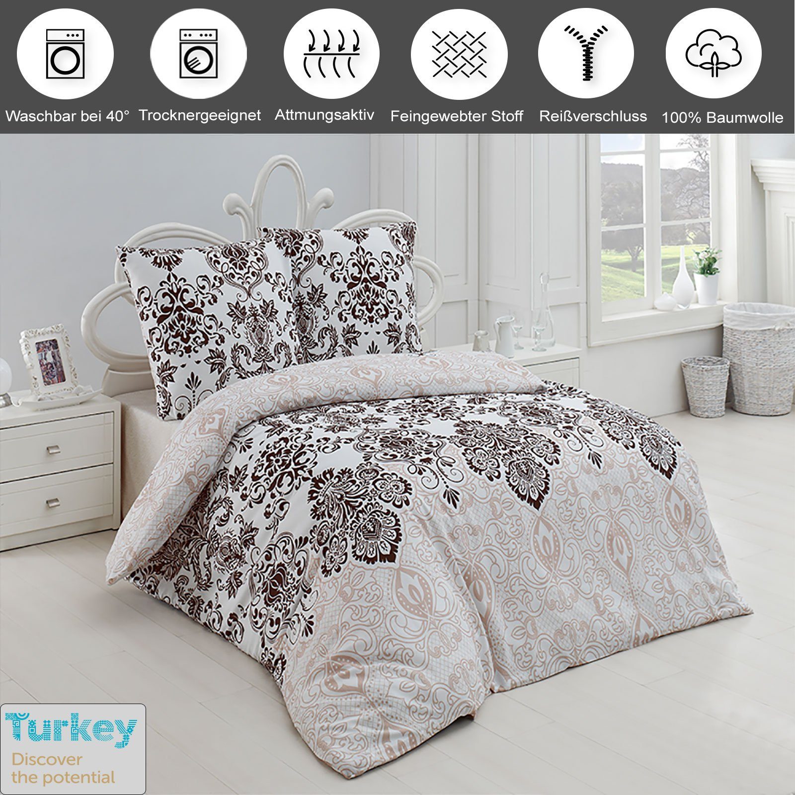 Buymax Bettwäsche Wendebettwäsche, Renforcé, 100% Baumwolle, Renforcé 100% Baumwolle, 3 teilig, 200x200 cm, elegant, mit Reißverschluss, Barock, Weiß, Beige – Bild 2 von 5