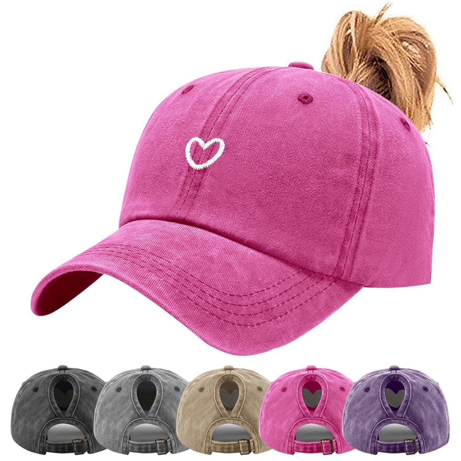 Baseball Cap Baseballcap Pferdeschwanz Damen Herzstickmuster Zopfloch B_Rosa