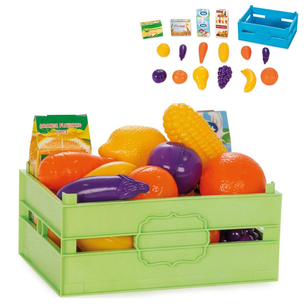 Pilsan Spiellebensmittel Spielzeuglebensmittel-Box 06037, Obst Gemüse 16-teilig Milch Mehl Saft