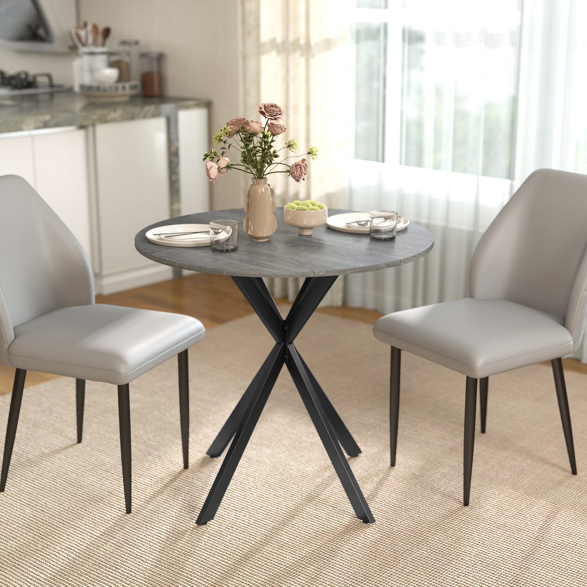 HOMCOM Esstisch Küchentisch im Industriestil mit Stahlbeinen für 2 Personen (für Esszimmer, Küche, Wohnzimmer, 1-St., rund, 80 x 80 x 75 cm), Grau