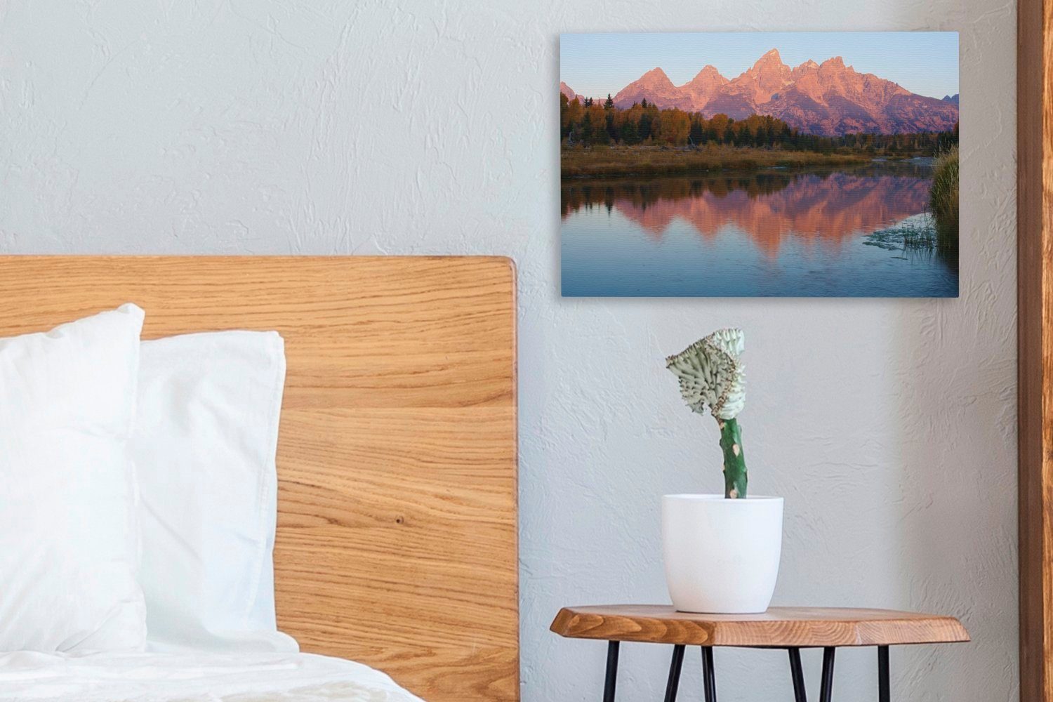 Wandbild in OneMillionCanvasses® Leinwandbild einem, Wanddeko, (1 Aufhängefertig, Teton spiegeln sich St), Die Leinwandbilder, 30x20 cm der Berge farbenfrohen Mountains