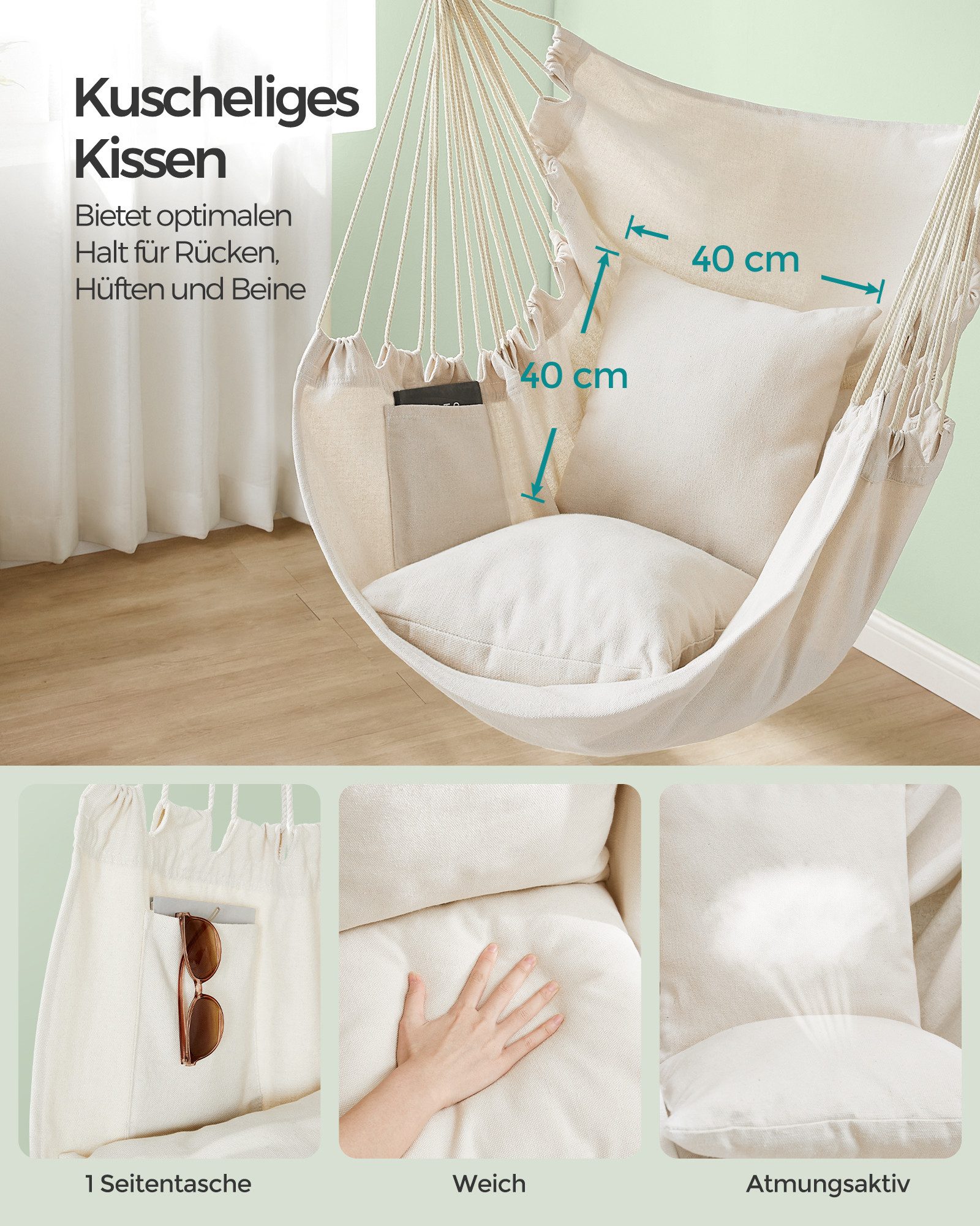 SONGMICS Hängesessel Hängeschaukel mit 2 Kissen, bis 150 kg belastbar, Indoor und Outdoor, Wohnzimmer, Metallkette – Bild 4 von 5