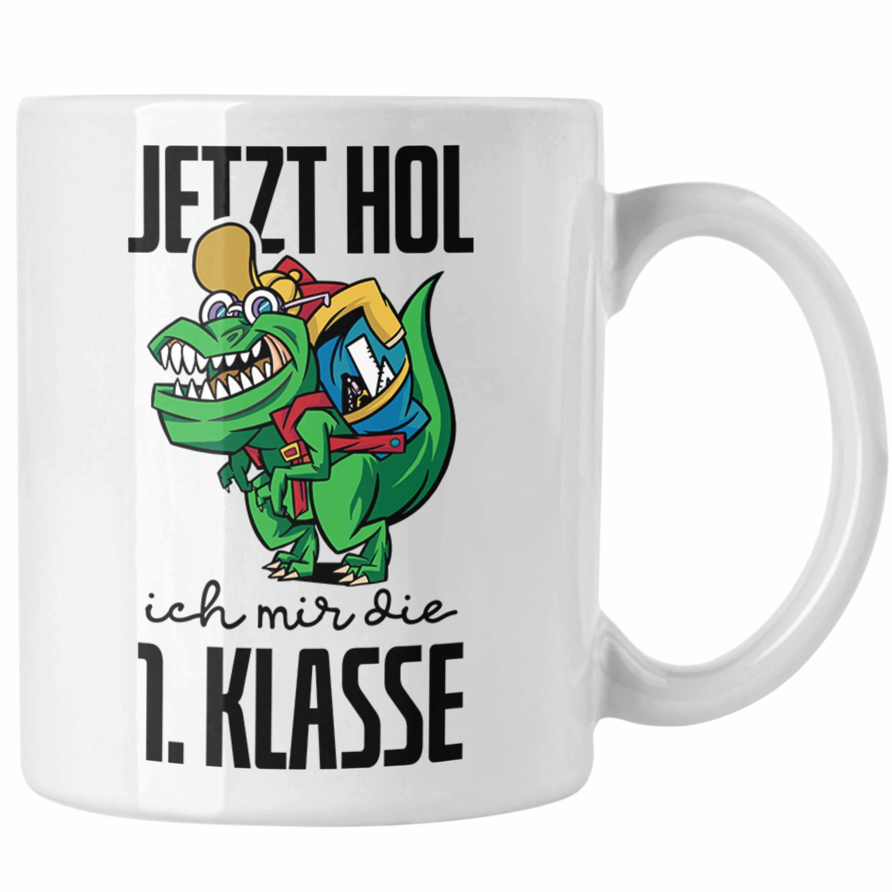 Trendation Tasse Tasse Einschulung Dino T-rex Motiv Geschenk für Jungs in der 1. Klasse Weiss