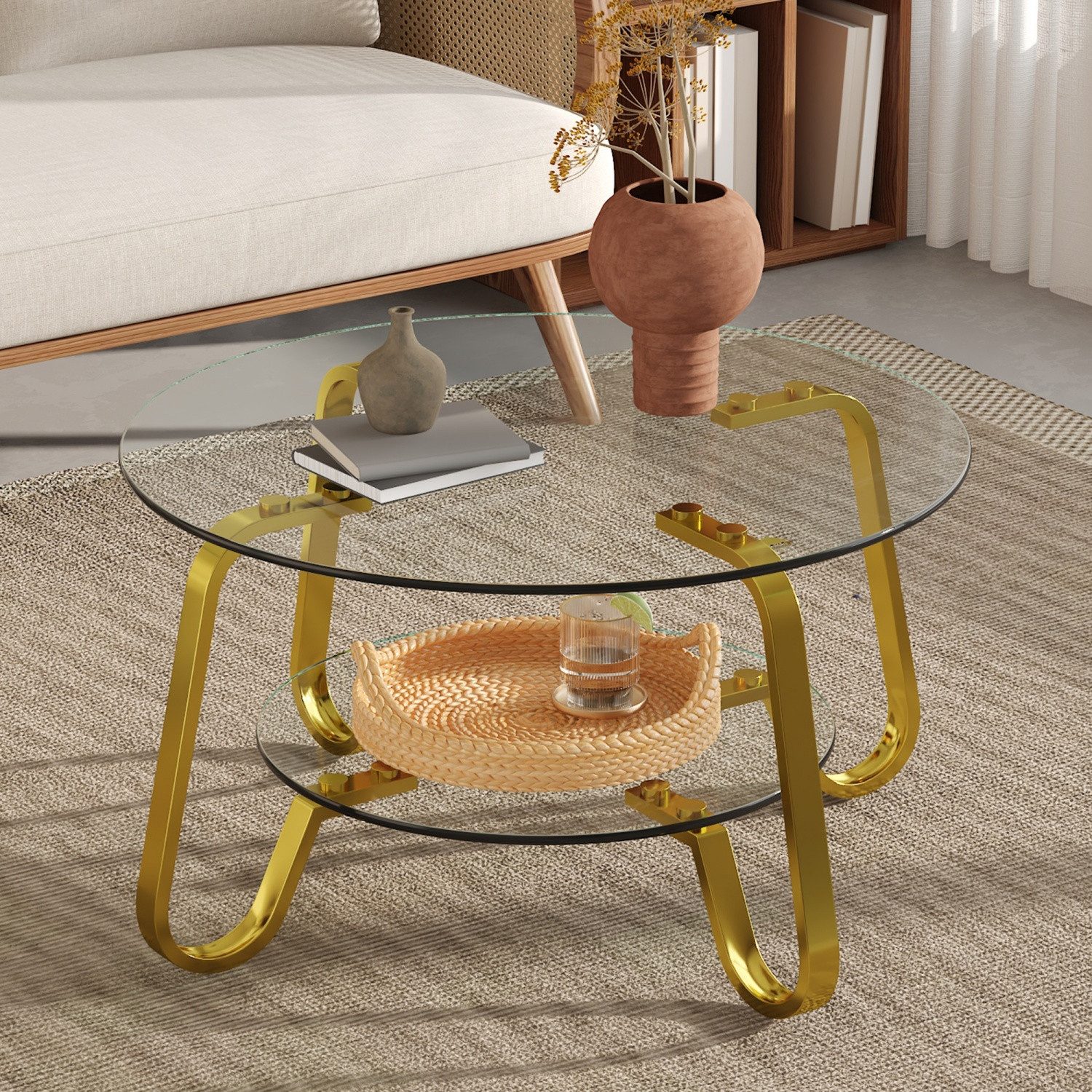 ANYSUN Couchtisch Glastisch Wohnzimmer,Couchtisch Glas Rund,Sofatisch φ80cm (Metallrahmen Doppelschicht gehärtetes Glas Couchtisch), Glas Couchtisch Beistelltisch Sofatisch, Kaffeetisch Glastisch Couch