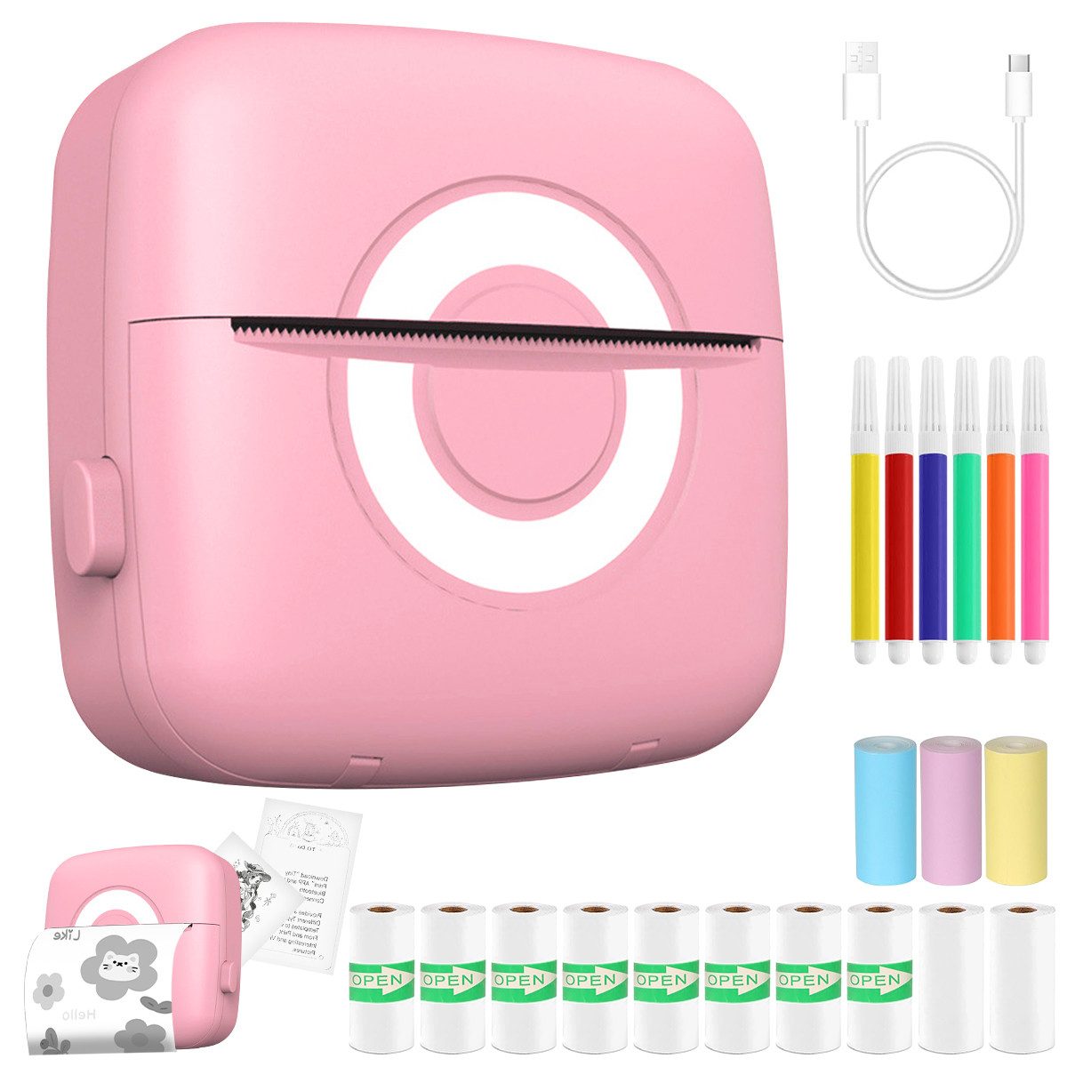 MOPUEA Mini-Thermodrucker Bluetooth Set mit 13 Rollen Papier+6Bunte Stifte Etikettendrucker, (Druck ohne Tinte, 203 DPI, Bluetooth, tragbar, langanhaltender Akku)