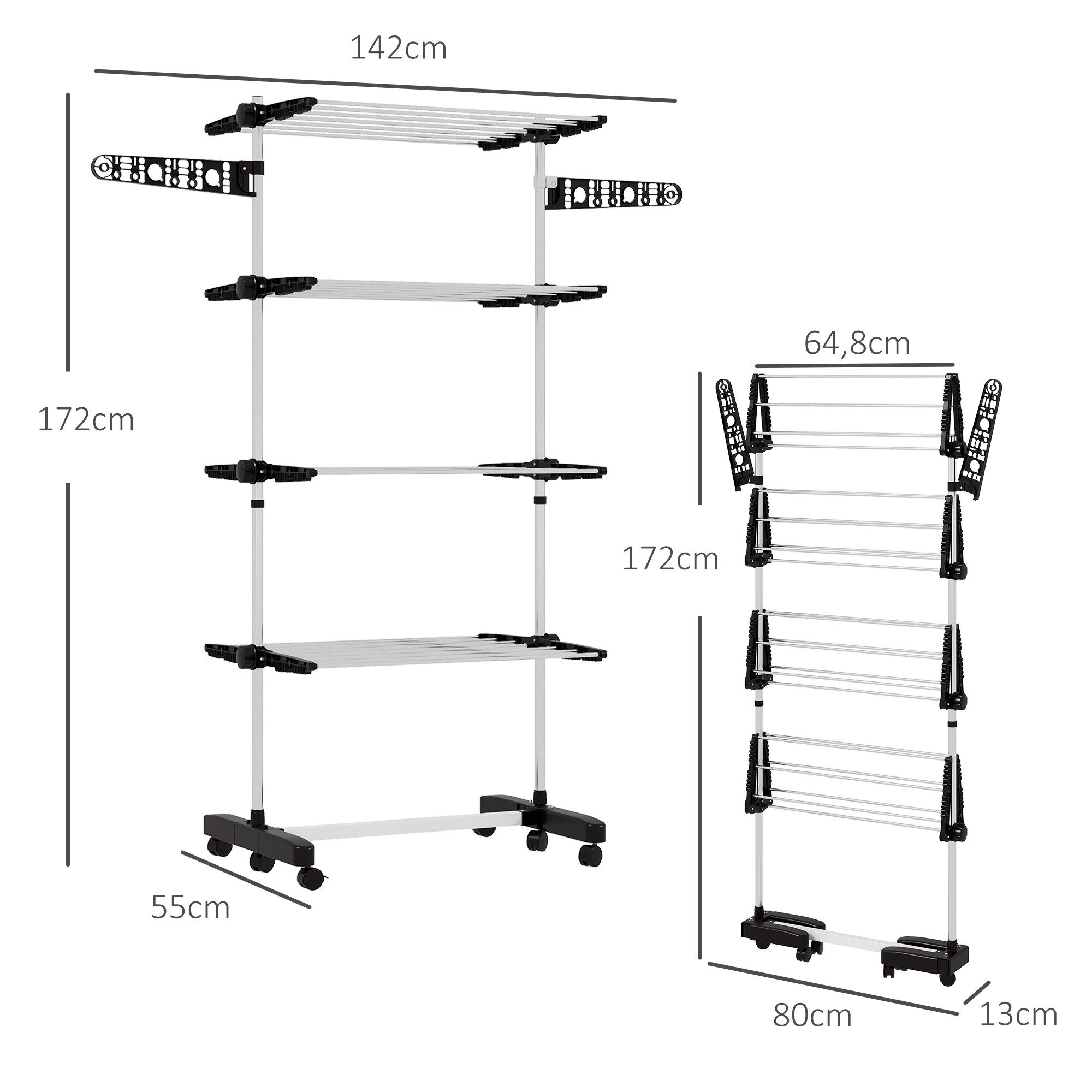 HOMCOM Wäscheständer Turm Standtrockner mit 4 Ebenen, klappbare Flügel, Rollen, für Indoor, Outdoor, Stahl Schwarz 80,142 x 55 x 172 cm