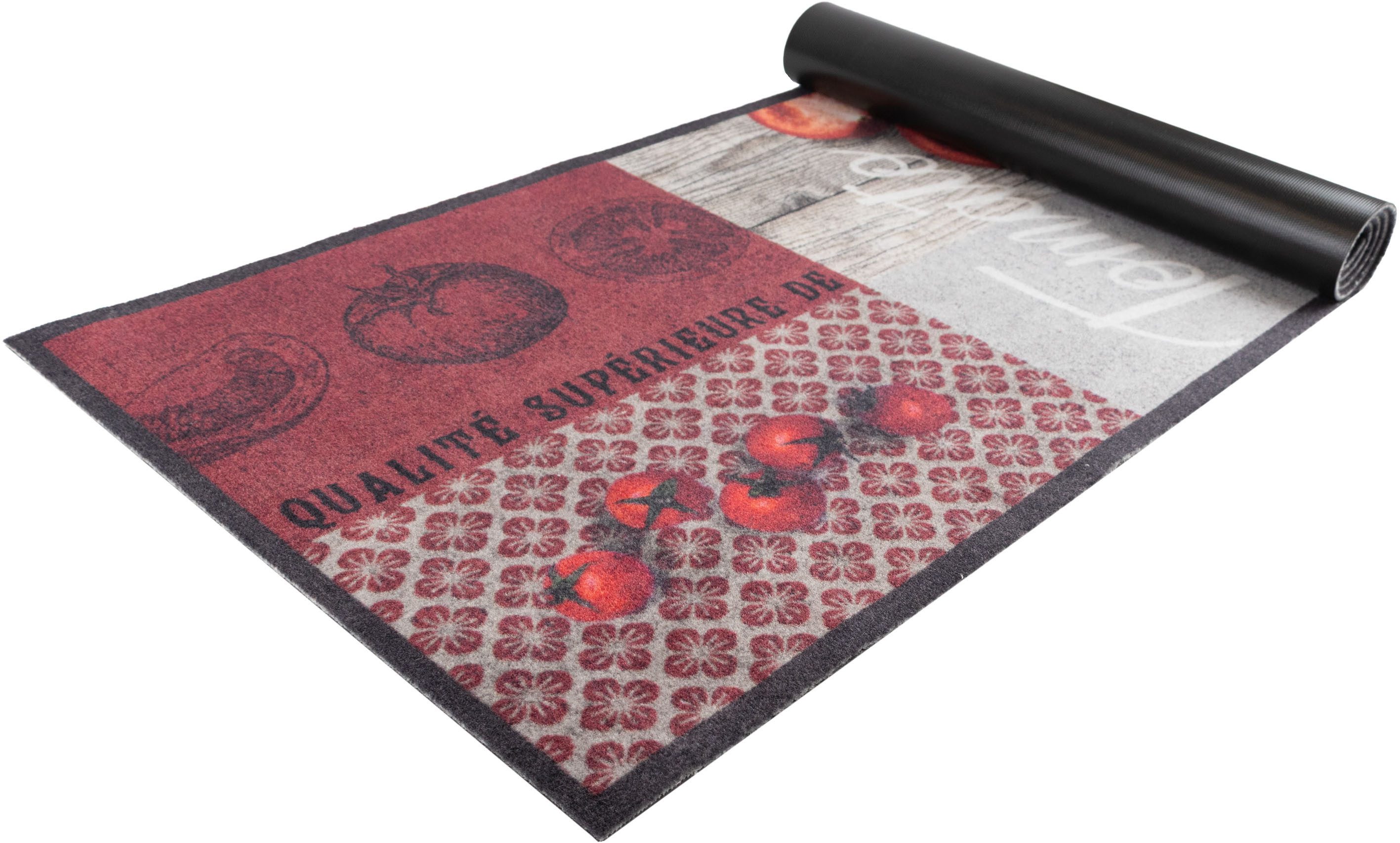 Primaflor-Ideen in Textil Küchenläufer TOMATO, Made in Belgium, rechteckig, Höhe: 6,5 mm, Motiv Tomaten, mit Schriftzug, rutschhemmend, waschbar, Küche
