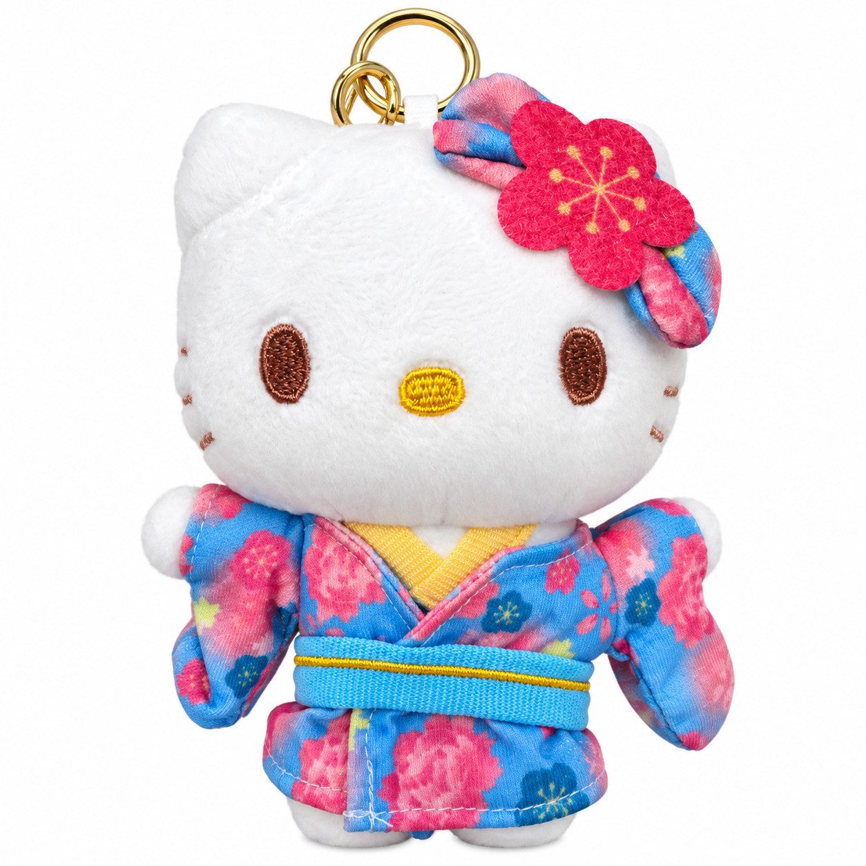 SANRIO Plüschanhänger Hello Kitty Plüsch Anhänger Kimono Blumen blau Design 12 cm (Set, 1-St., Plüschtier mit Anhänger), 2 Designs mit floralem Kimono-Look und Metallring