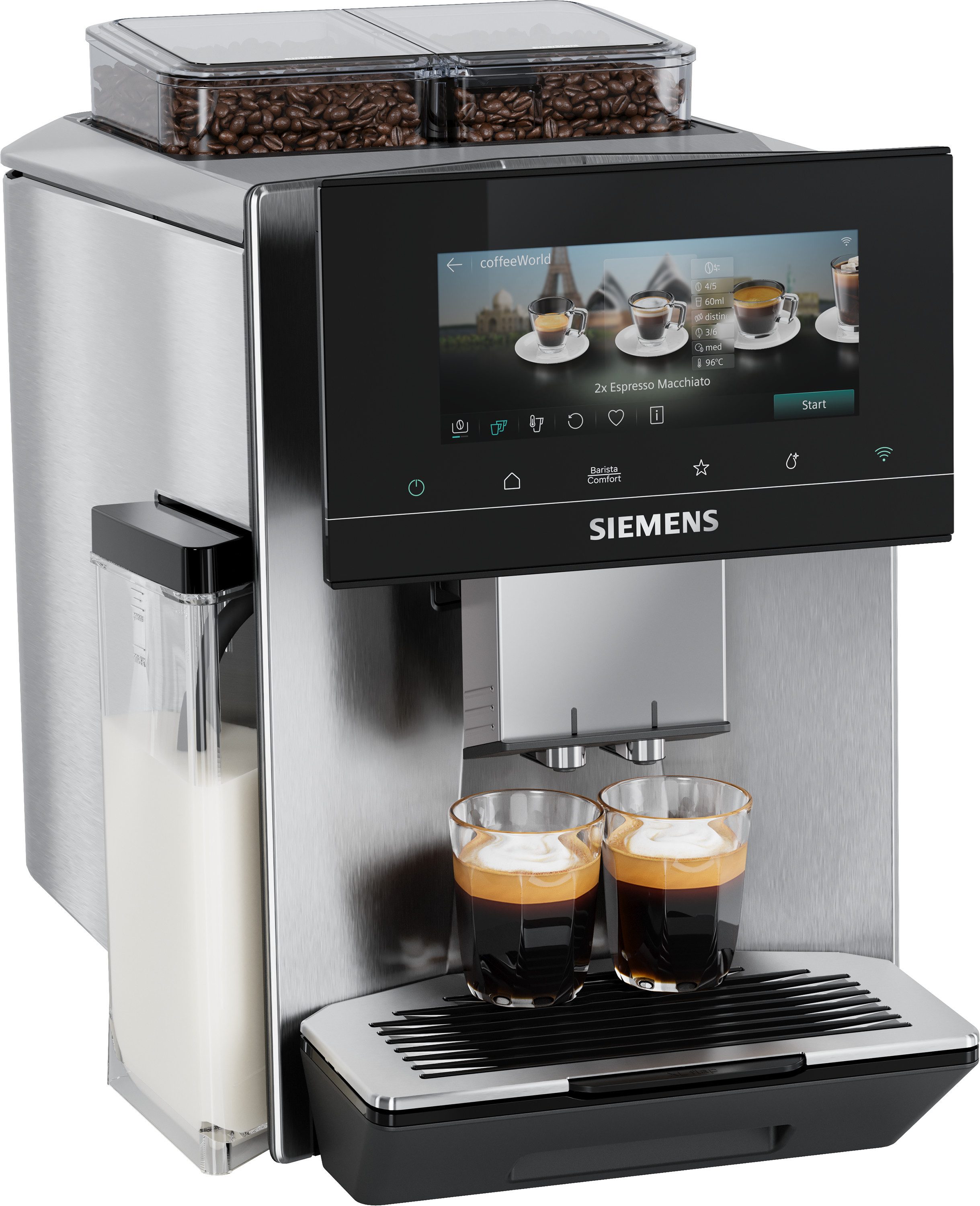 SIEMENS Kaffeevollautomat EQ900 TQ927E03, 2 Bohnenbehälter, 41 versch. Getränke, XL-Getränke, farbiges 6.8'' TFT-Display, individuelle Aromaeinstellung, Edelstahl
