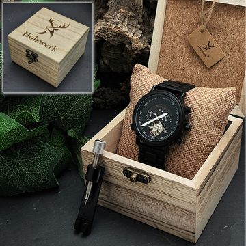Holzwerk Automatikuhr DARGUN Herren Edelstahl & Holz Uhr mit Datum in schwarz, dunkelbraun