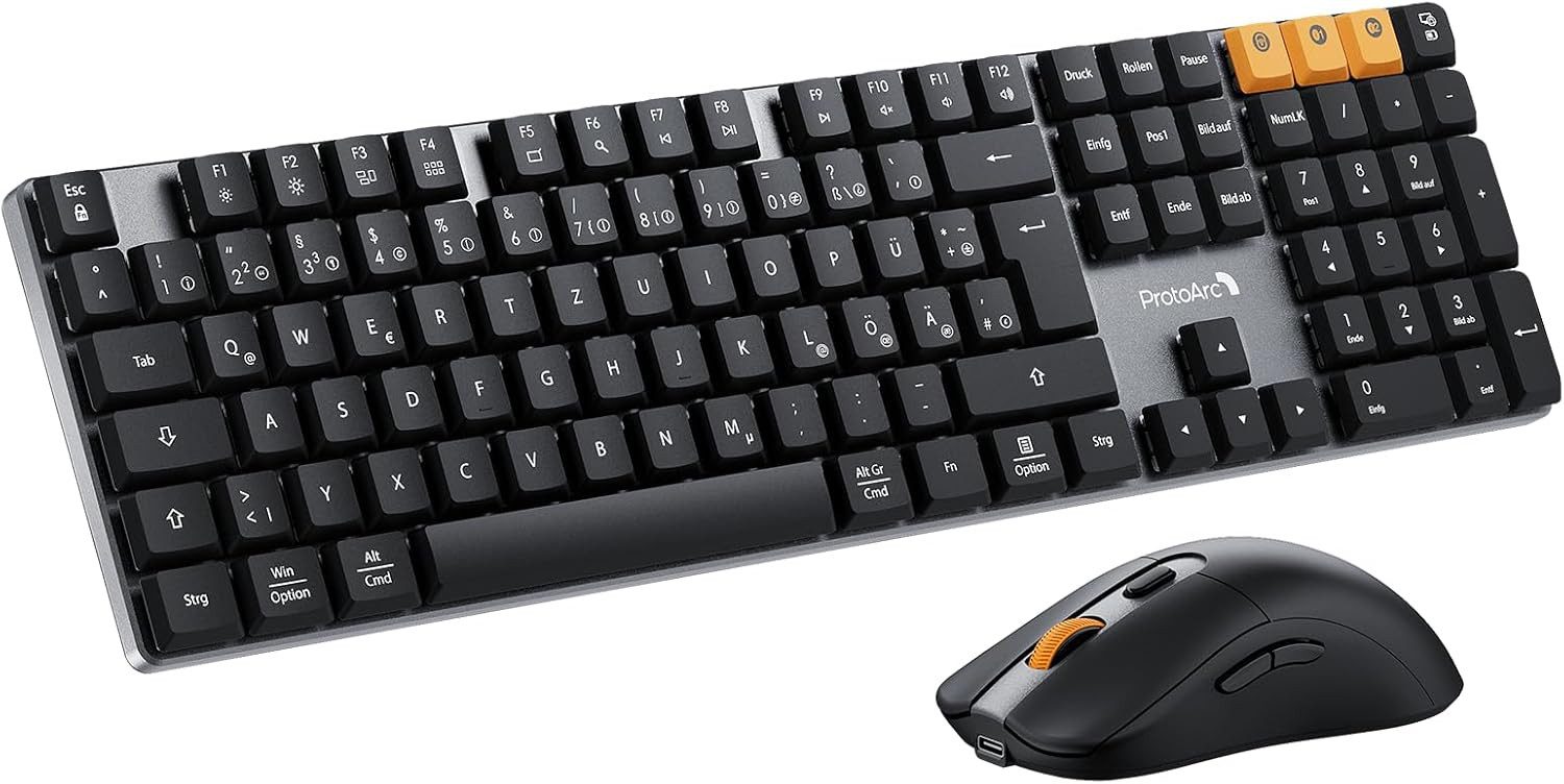 ProtoArc KM310 Mechanische Tastatur Maus Set Kabellos Tastatur- und Maus-Set, (für Windows/Mac), 2,4 G+Dual Bluetooth, Rotem Schalter, Multi-Gerät, QWERTZ Layout
