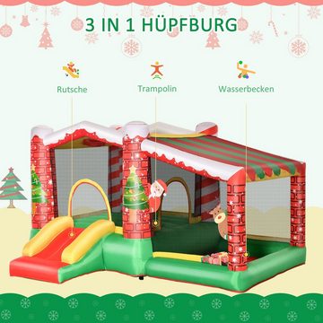 Outsunny Hüpfburg mit Weihnachtsmotiv, selbstaufblasend, inkl. Gebläse, 325x 270 x175cm, Trampolin Springburg mit Gebläse für 3-8 Jahre