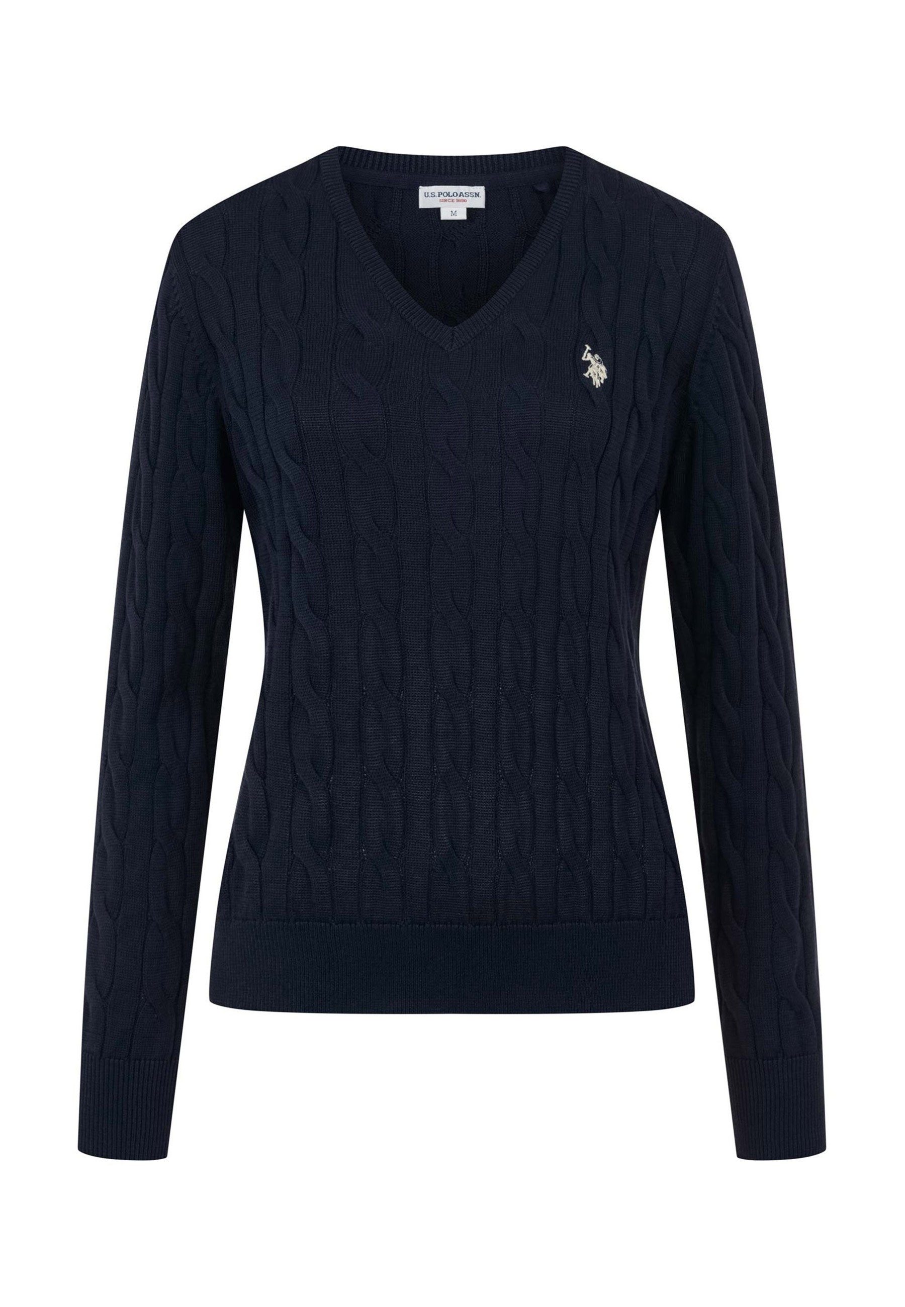 U.S. Polo Assn. Rundhalspullover mit Zopfmuster und V-Ausschnitt Klassischer Strickpullover mit Rippbündchen und dezenter Logostickerei – Bild 5 von 5