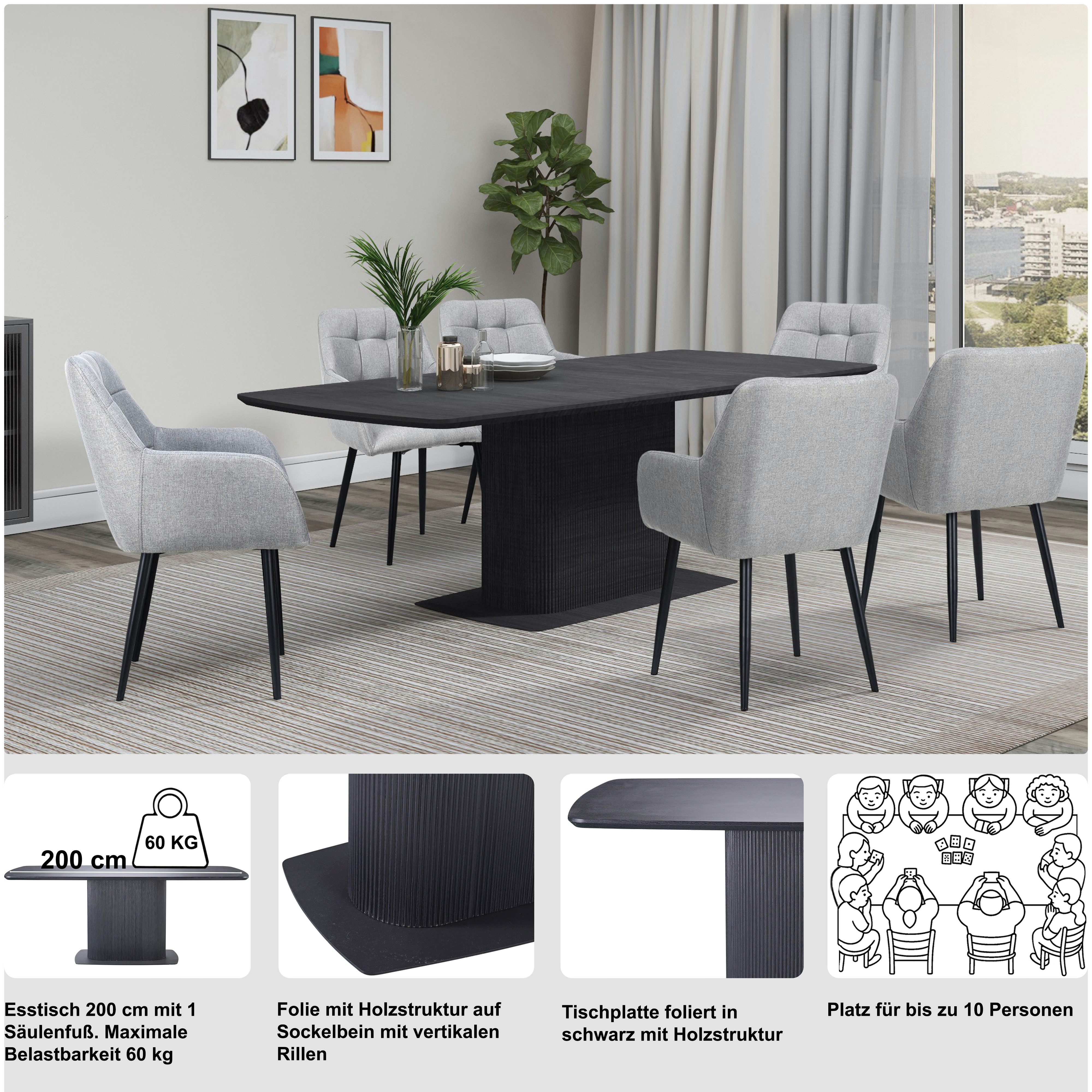 OTTO home Esstisch Daleton, Tischplatte und Standfuß mit Holzstruktur, pflegeleicht, Höhe 76 cm