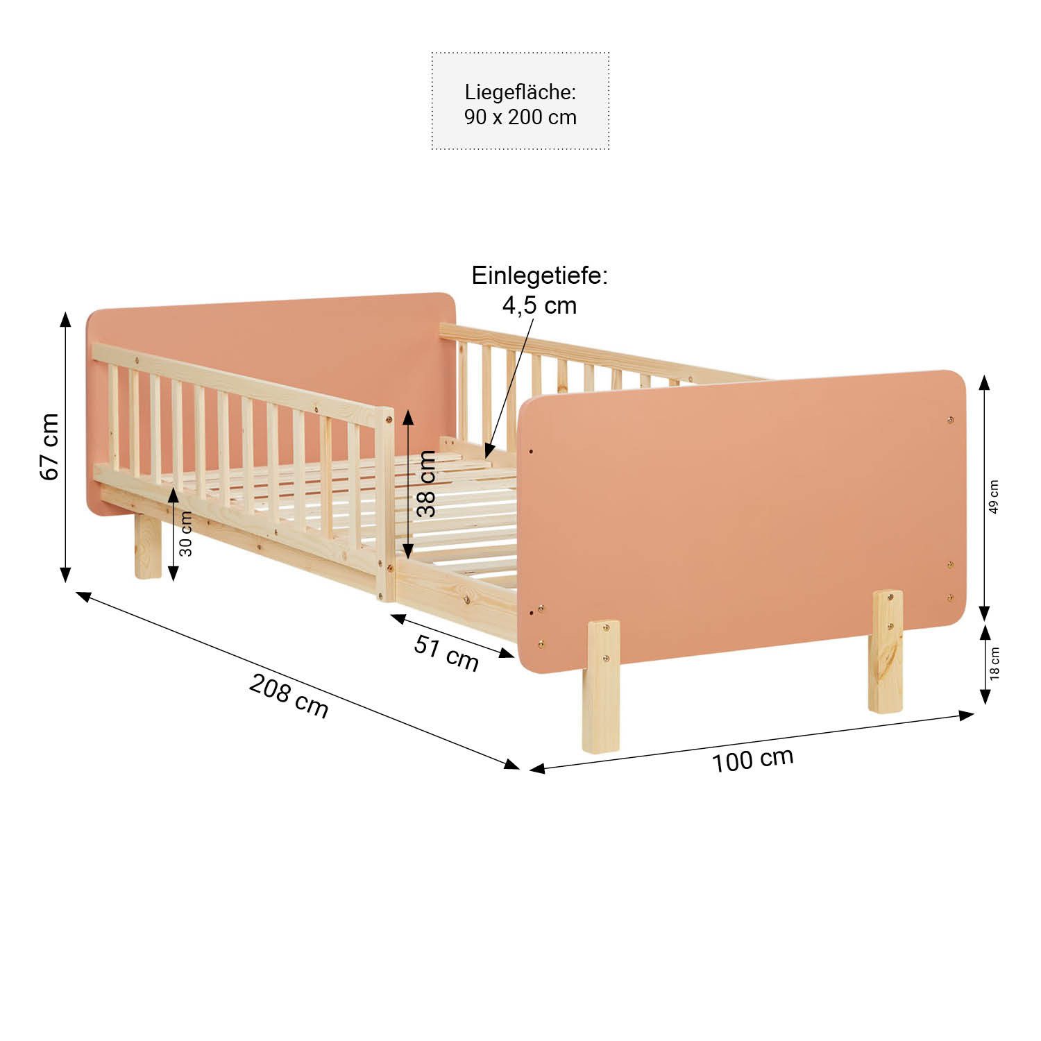 Homestyle4u Kinderbett 90x200 Holzbett Einzelbett Rausfallschutz Gestell Kinderzimmer (Set, mit Lattenrost), Rot