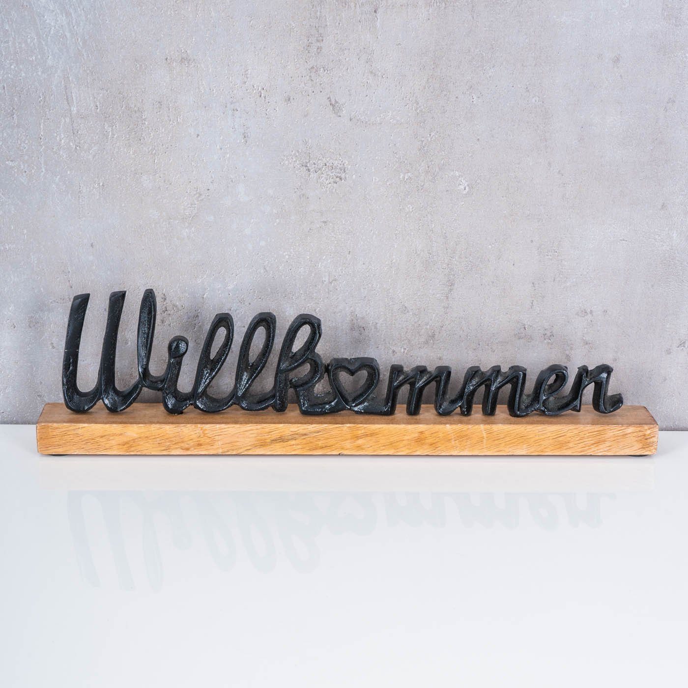 Levandeo® Deko-Schriftzug, Schriftzug Willkommen L45cm Metall Schwarz Mango Holz Tischdeko Deko