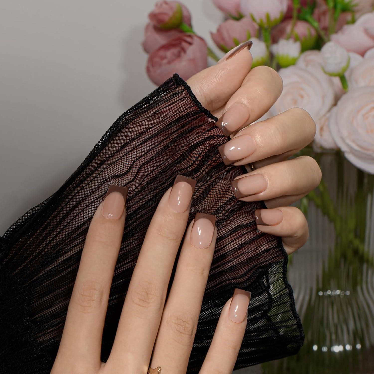 LuxusKollektion Kunstfingernägel Kunstnägel Kurz French Tip Eckig 30 Stück Damen Braun