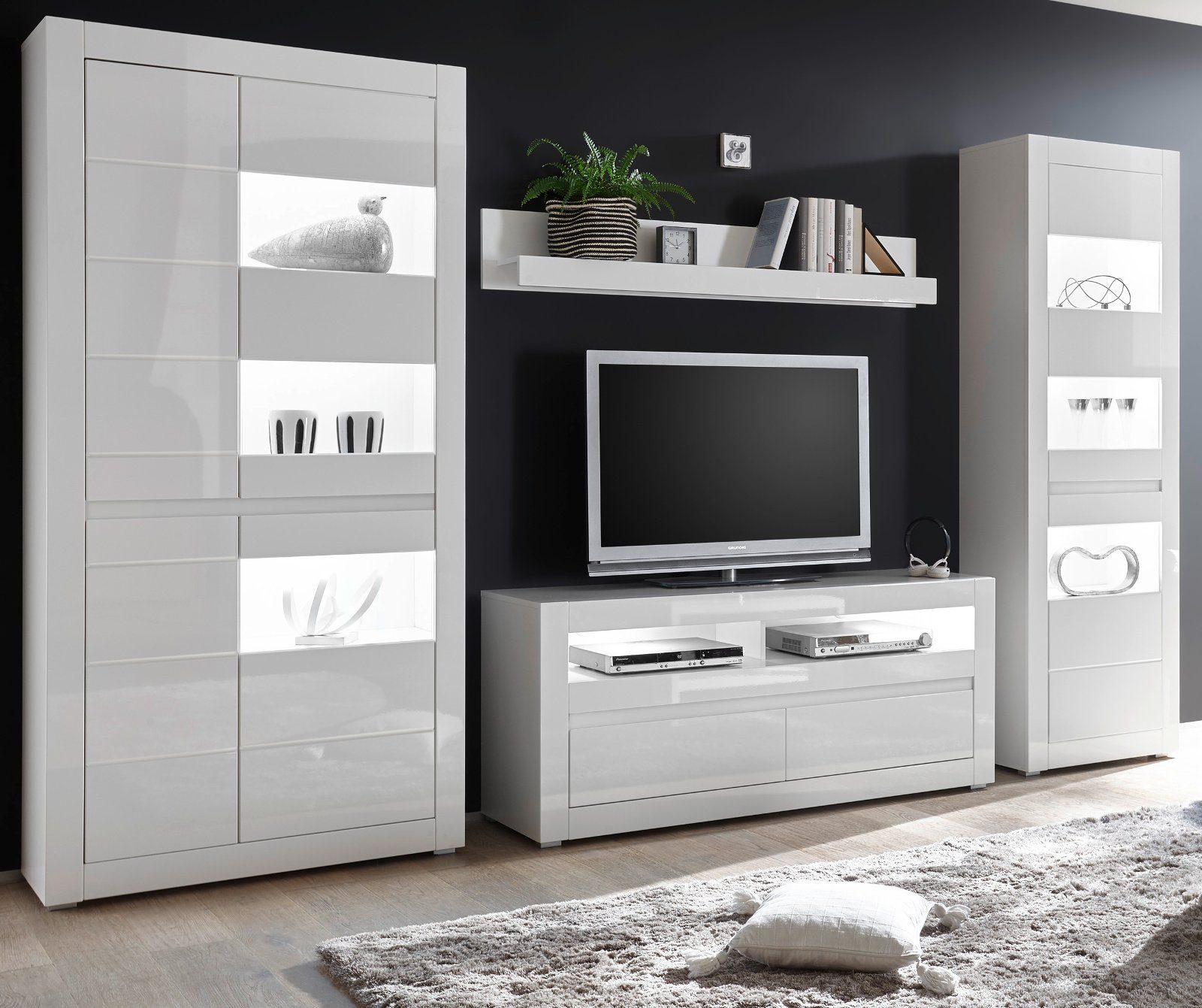 Furn.Design Wohnwand Nobile, (Wohnzimmer Anbauwand in weiß, 330 x 198 cm), Hochglanz, mit Soft-Close