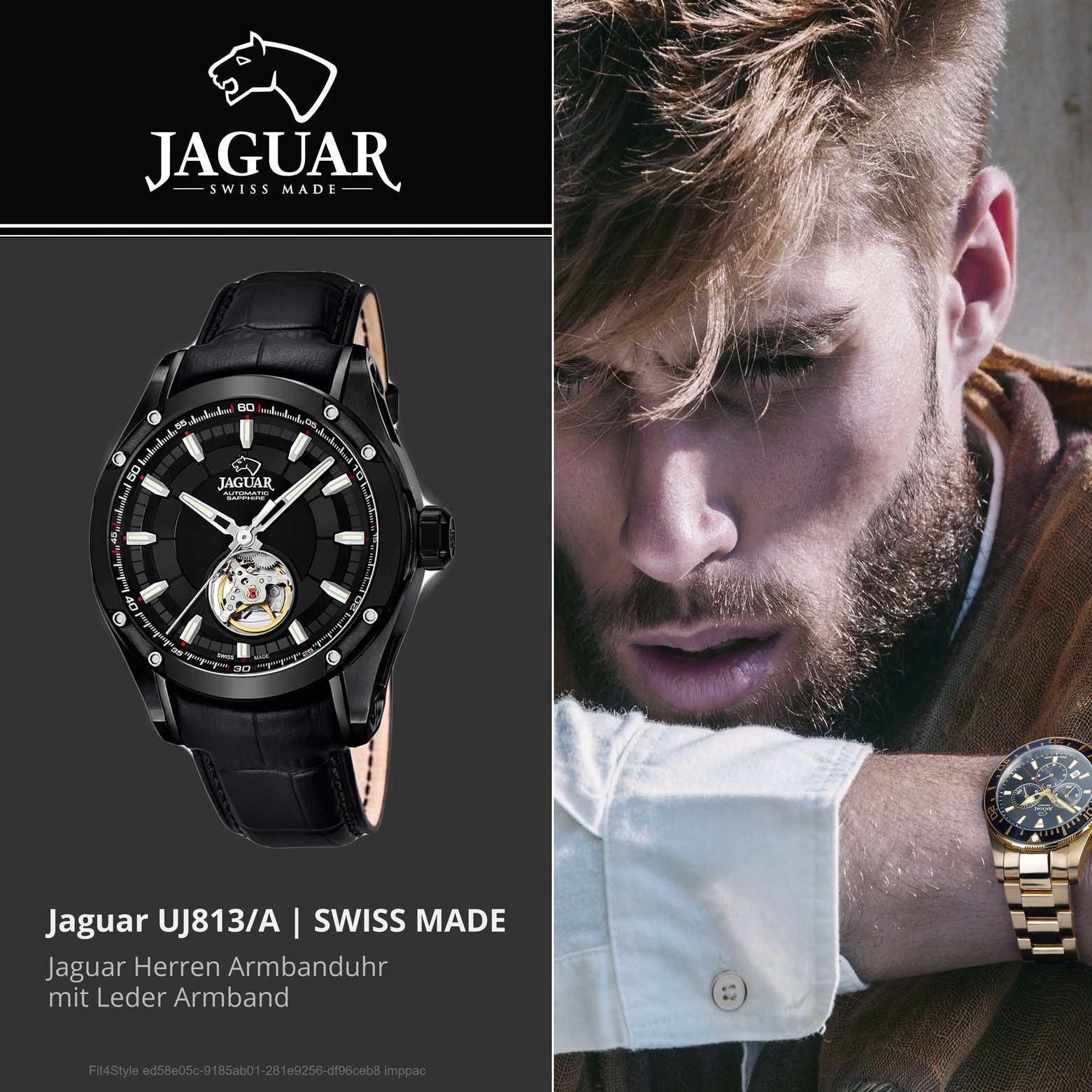JAGUAR Automatikuhr Jaguar Herren Uhr Automatik J813/A Leder, (Analoguhr), Herren Armbanduhr rund, Lederarmband schwarz, Elegant