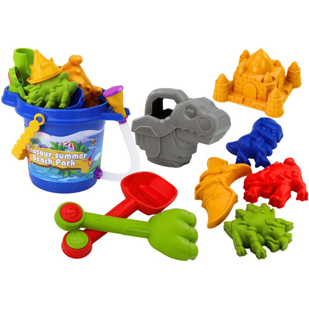 LEAN TOYS Sandeimer Sandspielzeug Strandset Dinoformen, (Spar-Set, 1-tlg., 26 x 9,5 cm robust), Dusche, Sandmühle, Dino-Formen, Gießkanne