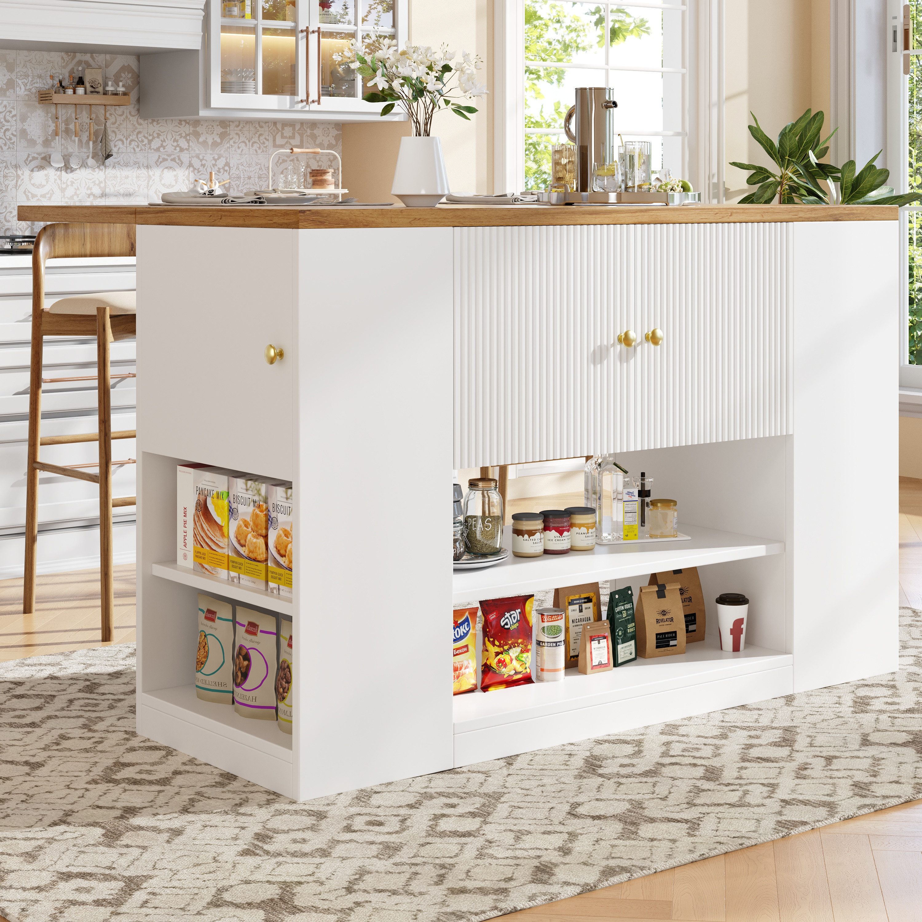 BlingBin Kücheninsel Moderne Küchenschränke, Sideboards, Küchenzeilen mit Schubladen, (Produktgröße: 140x40-70x90cm, Tragendes Gewicht: 60kg), Geschirrschränke mit Regalen für Küche und Esszimmer, Weiß