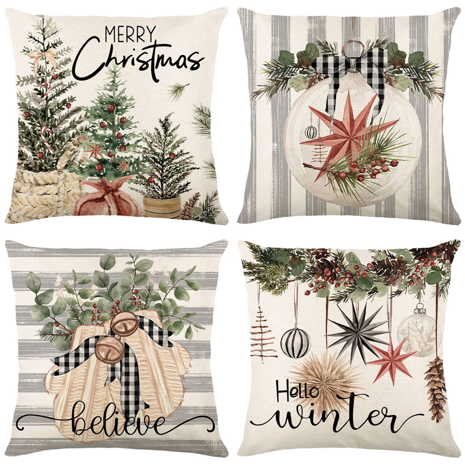 BTTO Kissenhülle Leinen Kissenbezug 4 Stück Dekokissen 45X45 cm Sofakissen,Couchkissen, Weihnachten,Jubiläum,Schneemann,Weihnachtsmann,Brief