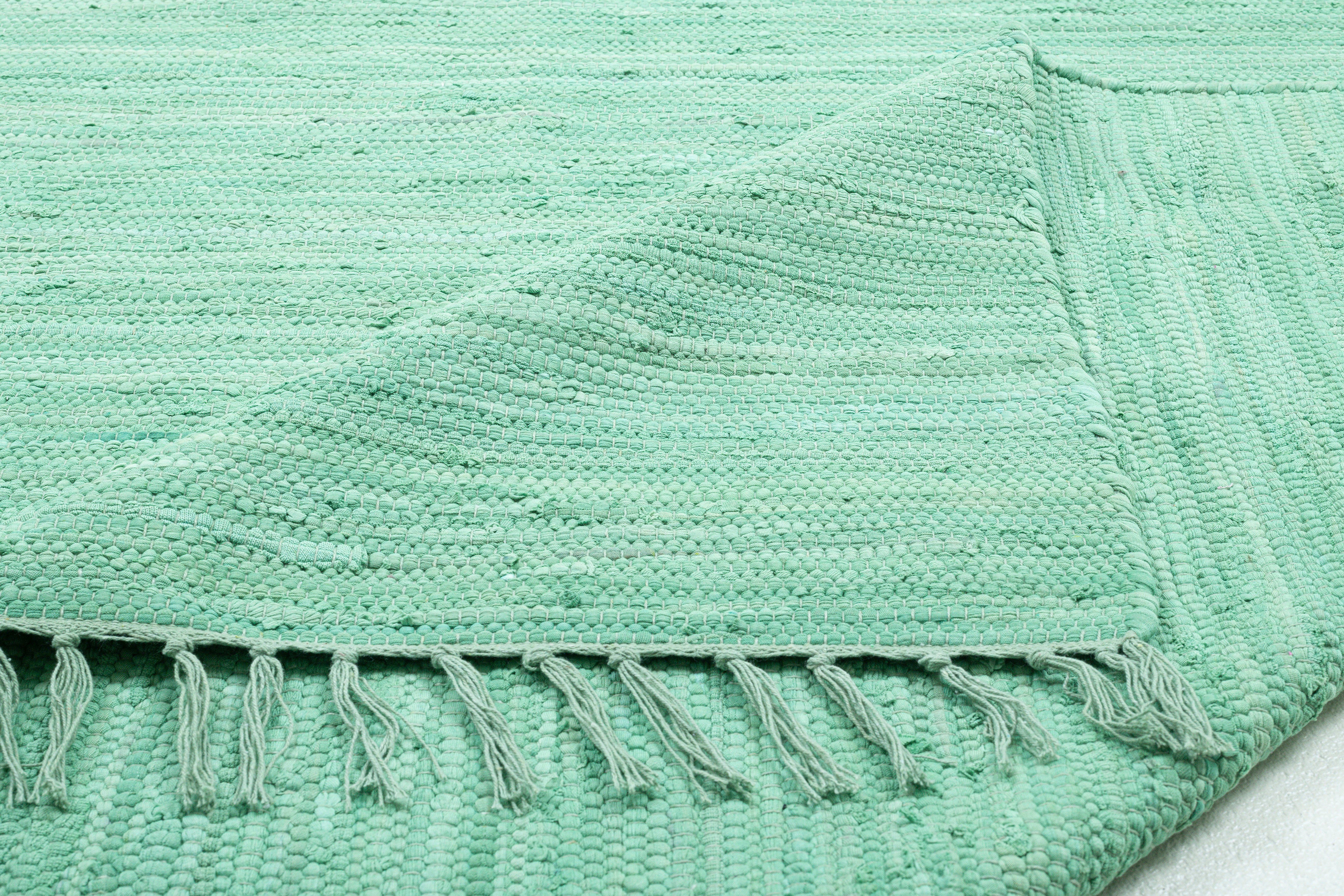 mit Höhe: Teppich, 5 mm, mint Baumwolle, Handweb handgewebt, Teppich Cotton, THEKO, Fransen Happy rechteckig, reine Flachgewebe,