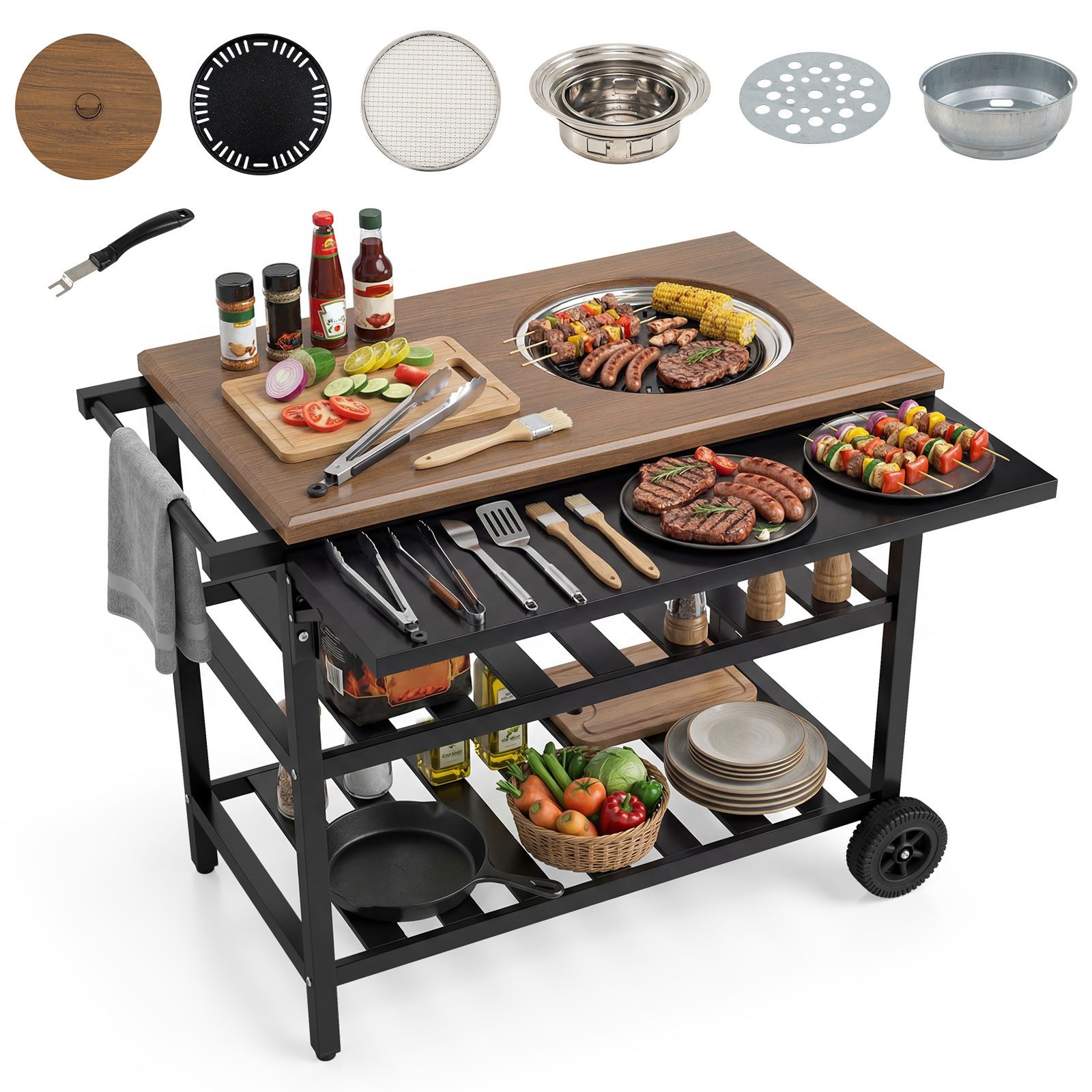 COSTWAY Grillablagetisch, Grillwagen Outdoor, Grilltisch auf Rollen