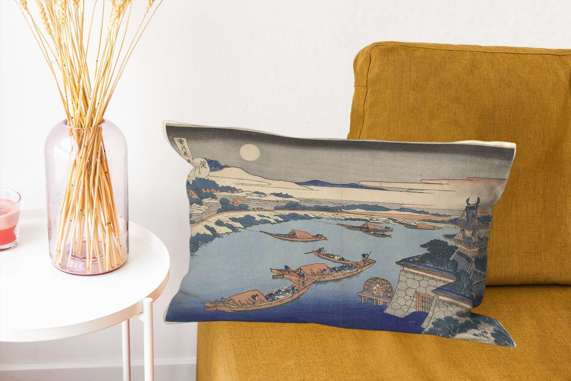 im Der Yodo - Zierkissen, Dekoration, Katsushika Schlafzimmer Hokusai, Fluss MuchoWow mit Mondlicht Wohzimmer von Füllung, Dekokissen Dekokissen Gemälde