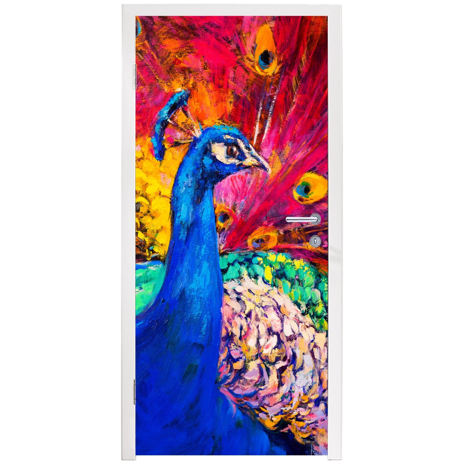 Pfau Gemälde - 75x205 Türtapete Ölgemälde, cm Türaufkleber, Tür, Matt, bedruckt, - MuchoWow Vogel Fototapete - St), (1 für