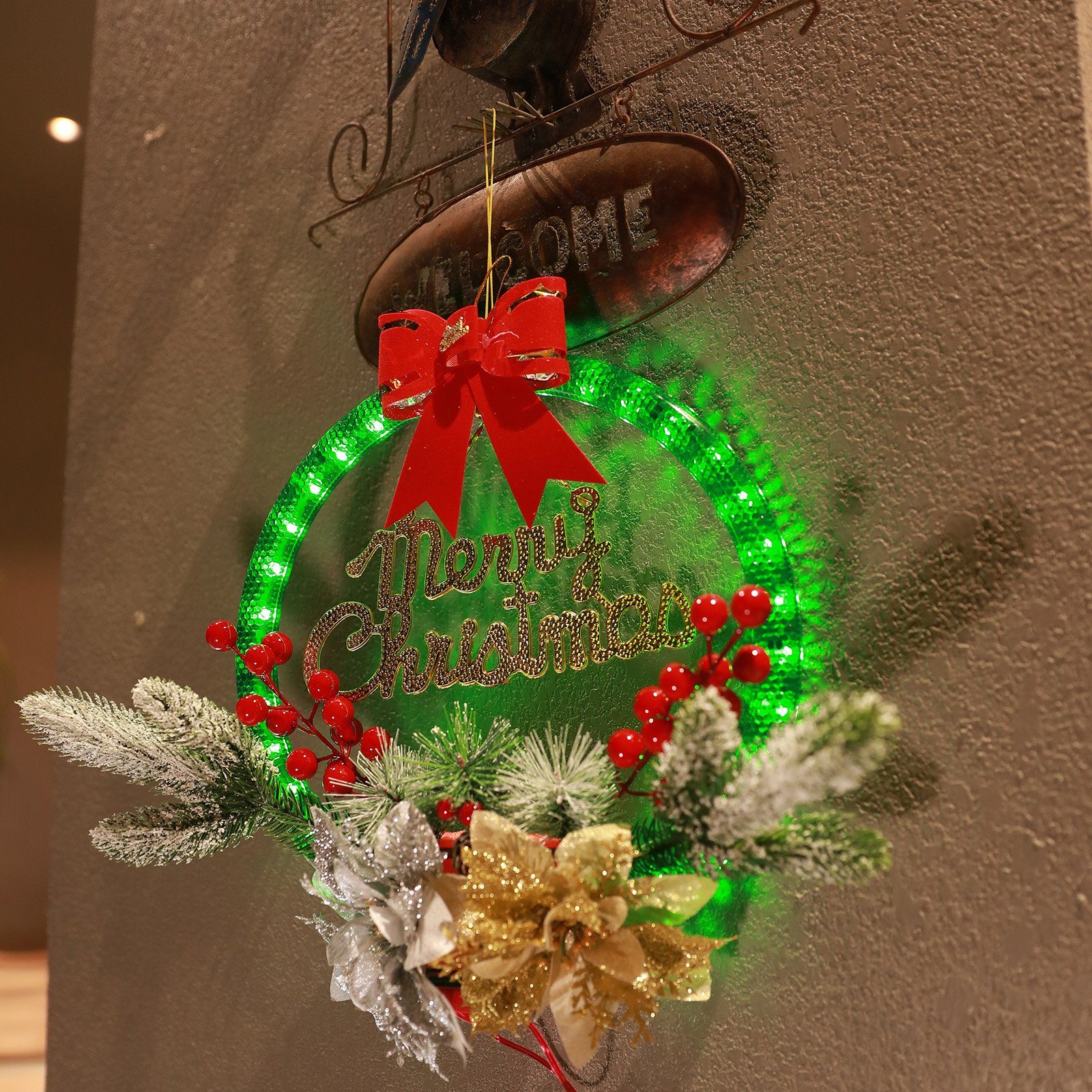 Sunicol LED Dekolicht 28cm Weihnachtskranz Grün, Gold-Silber Schlafzimmer, mit Weihnachten, Nachtlicht, Deko-Lichter LED Party, Türkranz, Hochzeits für Batterien