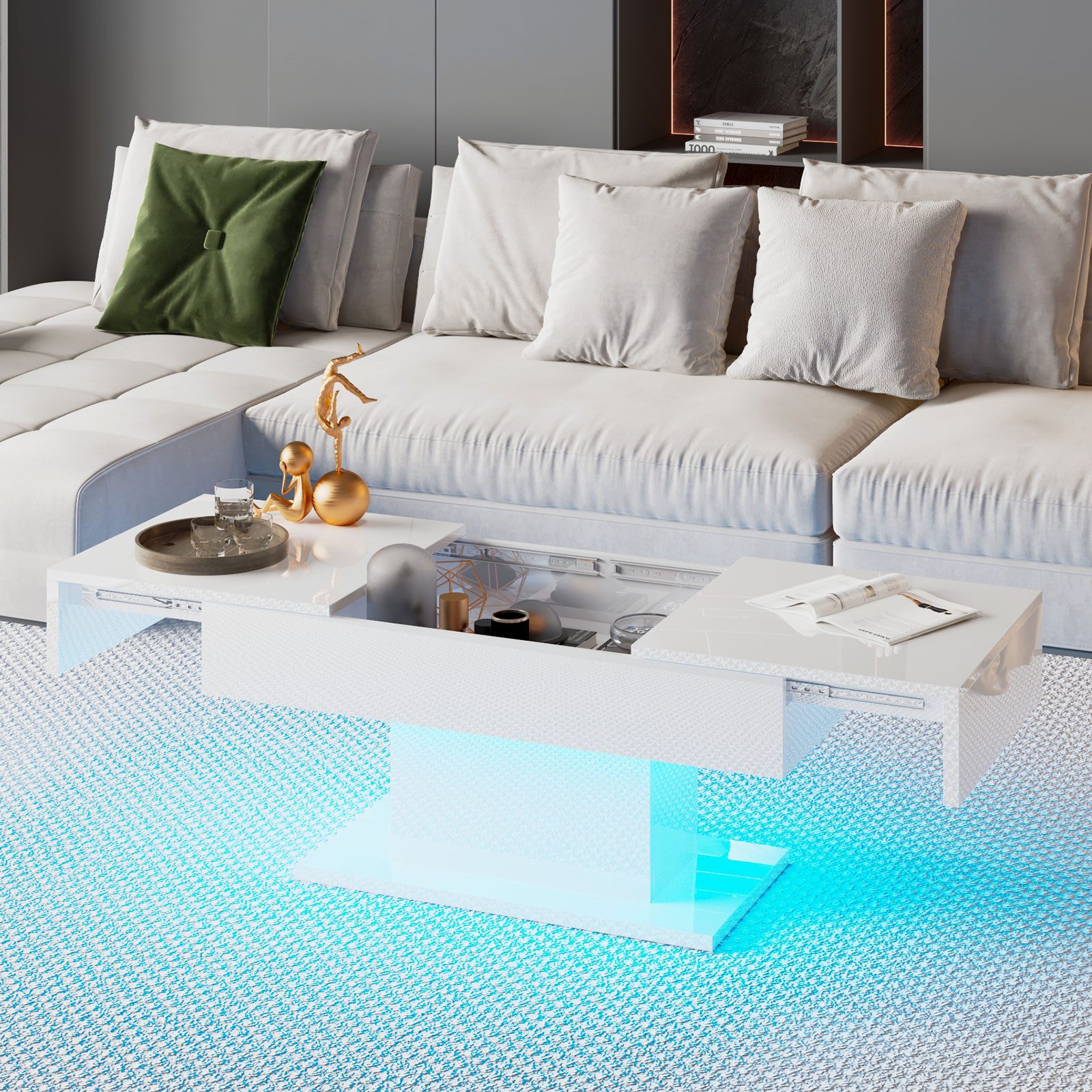 radelldar Couchtisch Hochglanz ausziehbar, 108-175x53x49cm (1-St), Wohnzimmertisch mit Stauraum für Sofa, LED-Beleuchtung – Bild 4 von 5