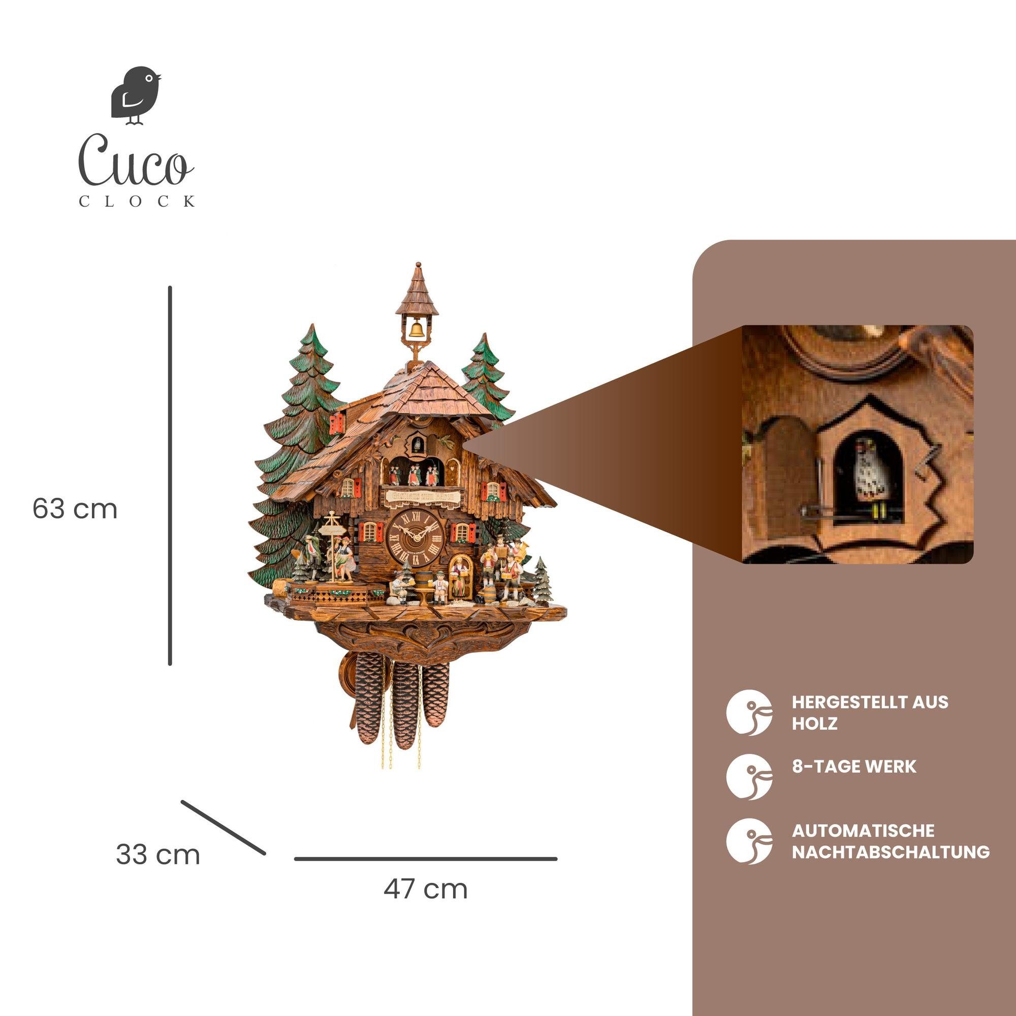 x Holz 8 Pendelwanduhr - "Waldkonzert" 63cm, Cuco Clock 47 aus Werk, automatische (33 Tage Schwarzwalduhr Kuckucksuhr x Nachtabschaltung) Wanduhr