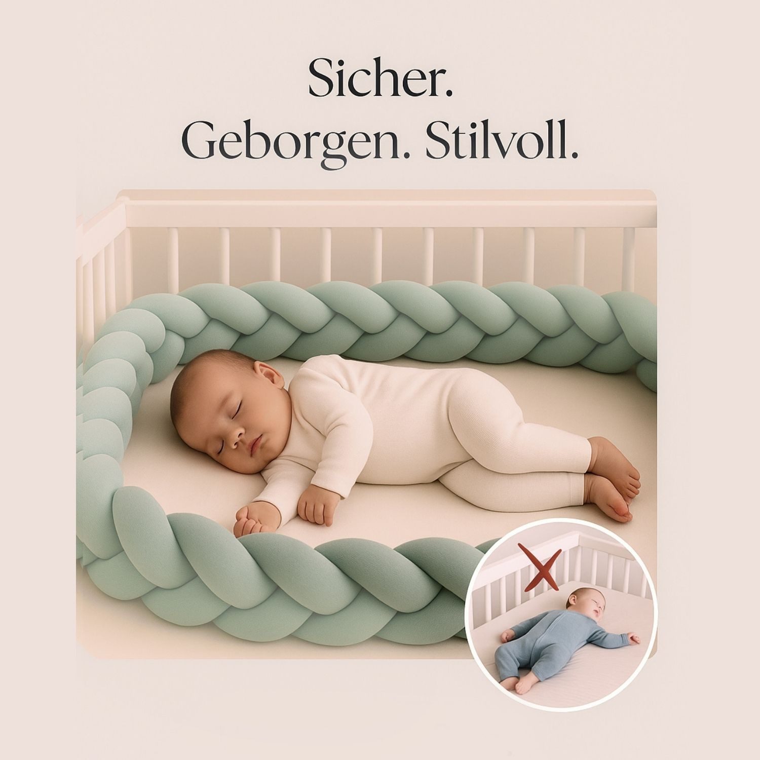 Nordic Coast Company Nestchenschlange XXL Bettschlange geflochten, Bettschlange, Bettumrandung Babybett, Alternative zum Bettnestchen laborgeprüft 180cm, 200cm oder 300cm