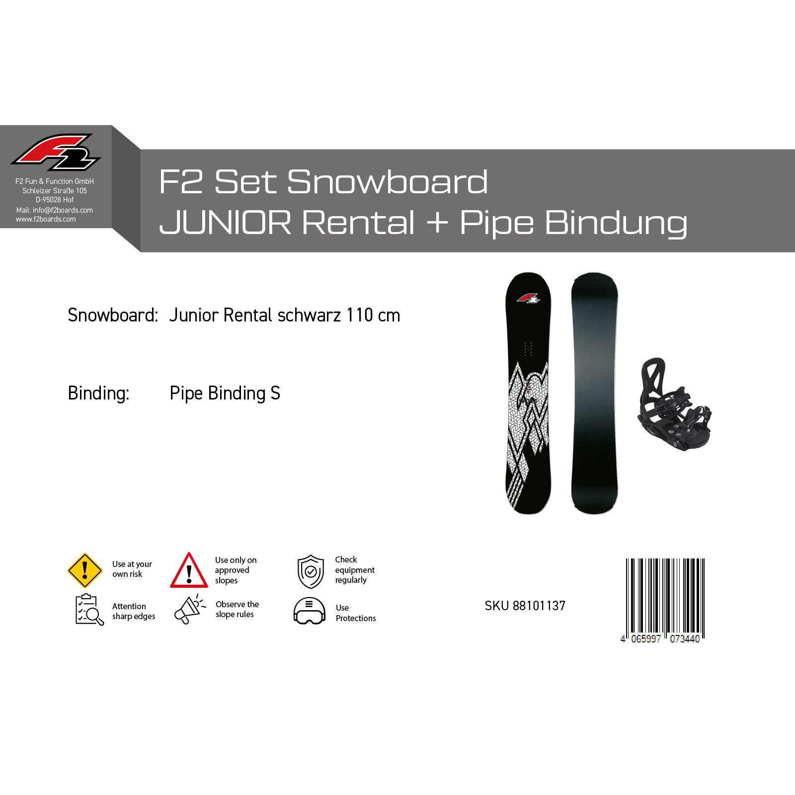 F2 Snowboard F2 Set Snowboard Junior Rental Schwarz 110cm + Pipe Bindung S