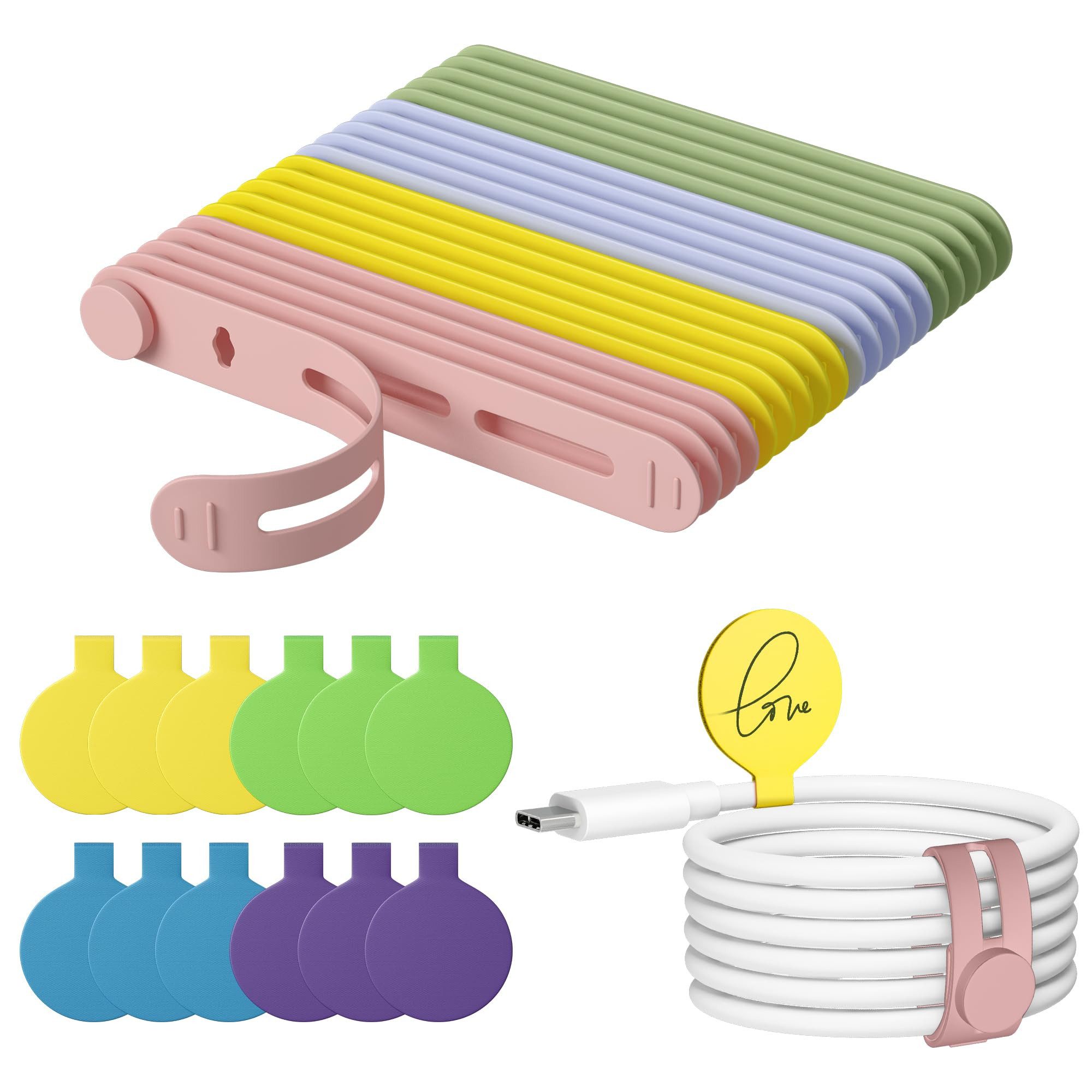 FOUORTUNATE-BEE Kabelbinder 20 Kabelbinder & 12 Kabeletiketten aus Silikon zur Kabelorganisation Beschriftbare Kabelbänder Set für Reise, Büro und Haushalt