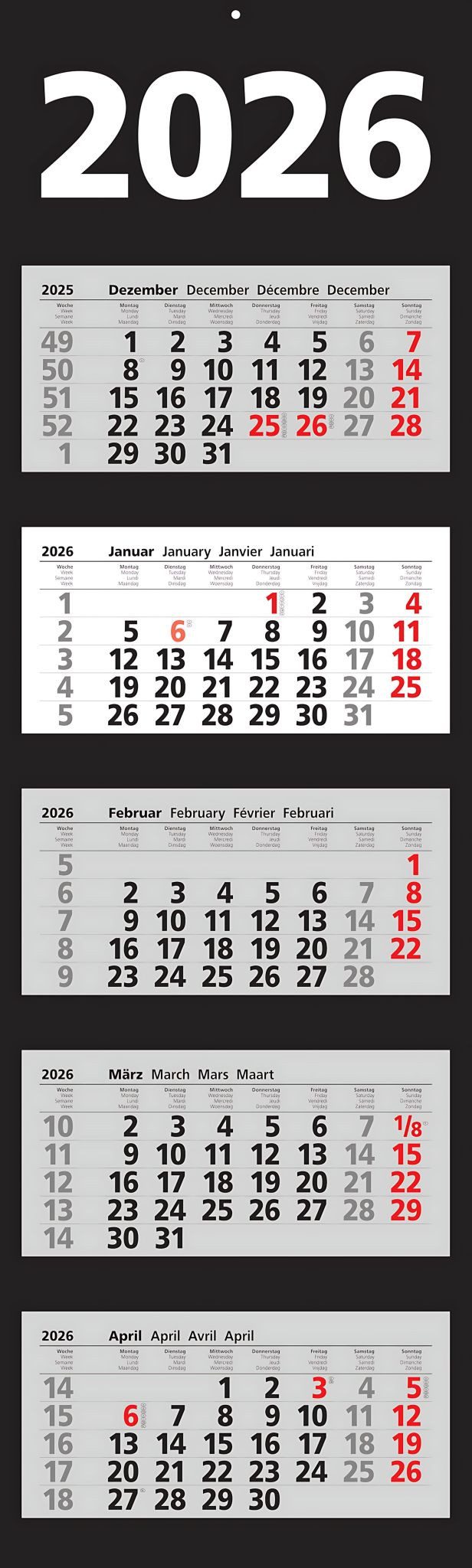 ADINA Wandkalender 2026 ADINA Fünfmonatskalender schwarz 110x33cm Tagesanzeiger Blockform
