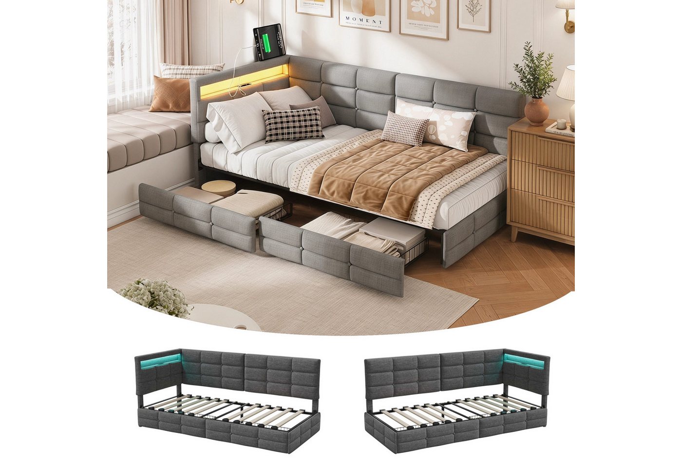 Furnishings Home Polsterbett LED Tagesbett Daybett 90x200cm, Stauraumbett mit Kopfteil (Kopfteil beidseitig montierbar Geeignet für Jungen und Mädchen), mit Lattenrost und Ladefunktion, mit Komforthöhe, Leises Design Bett