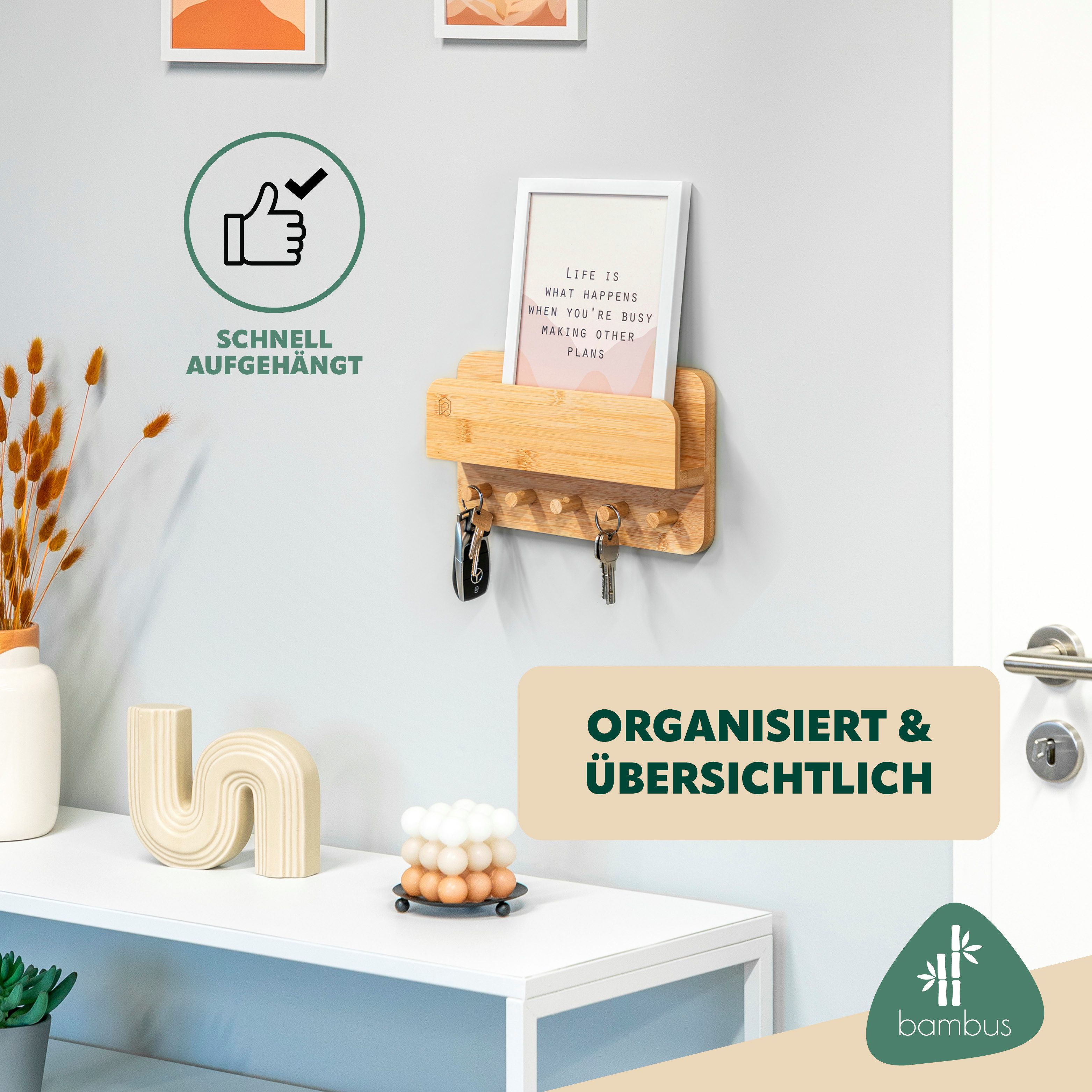 eluno Schlüsselkasten Schlüsselbrett mit Ablage und 5 Schlüsselhaken aus Bambus (1 St) – Bild 3 von 5