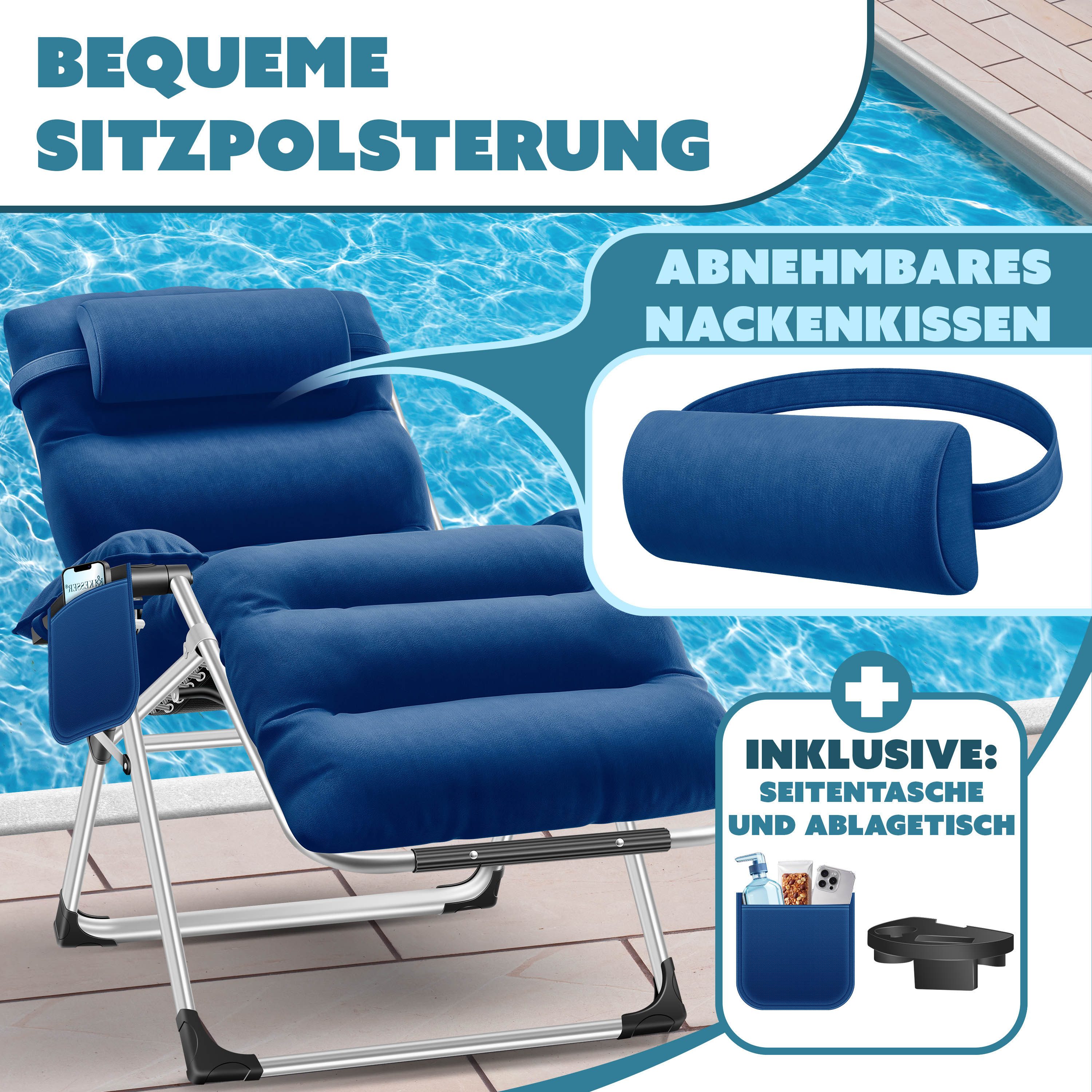 KESSER Gartenliege, Sonnenliege Liegestuhl Klappbar + Nackenkissen Gartenstuhl
