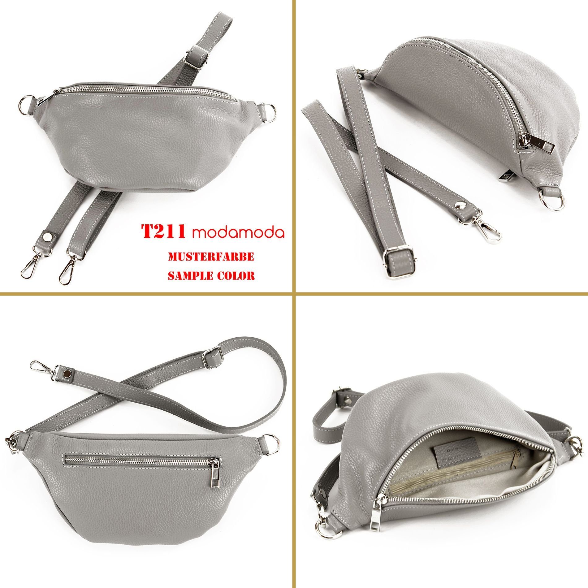 T211, Gürteltasche Italy Handmade Echtleder de modamoda in Silber-Metallic