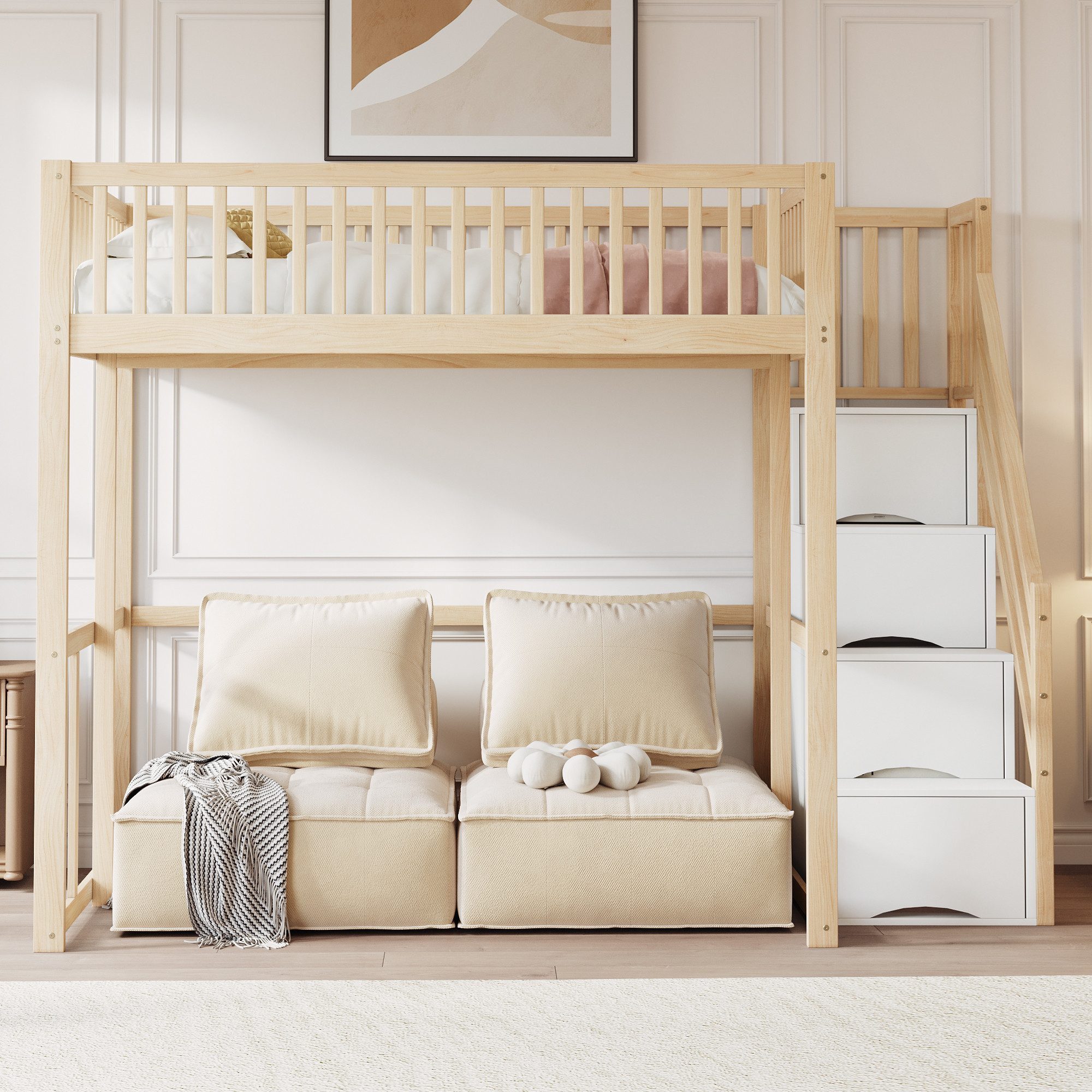 Odikalo Hochbett Hochbett mit Stauraum & Treppe, Weißes Holzbett aus Massiver Kiefer (Hochbett 140x200 / 90x200 cm mit Sicherheitsaufbewahrungsleiter, Sicherhei – Bild 2 von 5