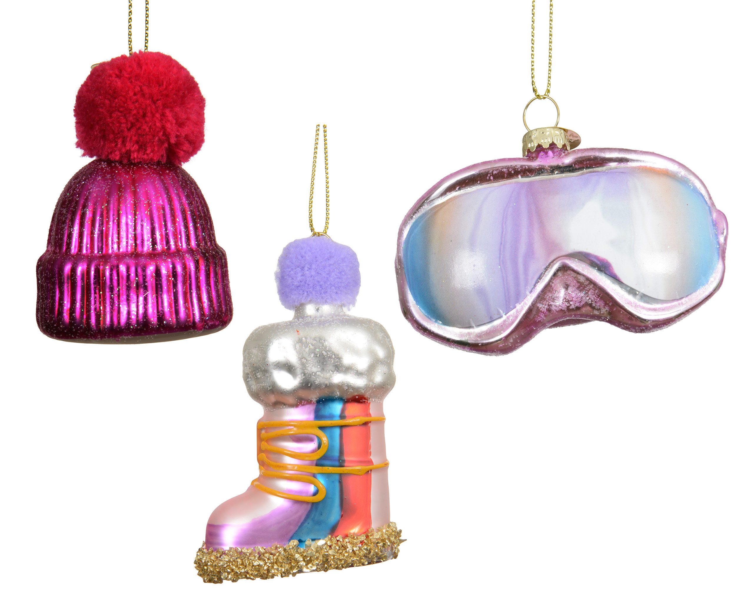 Kaemingk Christbaumschmuck, Christbaumschmuck Glas 7cm Skiausrüstung Figuren 3er Set Rosa / Pink