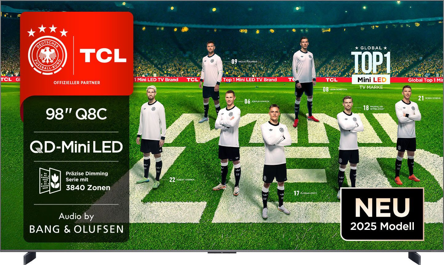 TCL 98Q8CX7 Mini-LED-Fernseher (248 cm/98 Zoll, 4K Ultra HD, Google TV, Smart-TV, Audio von Bang & Olufsen, Smart TV, Apple TV, 144Hz, 4K, Dolby Vision)