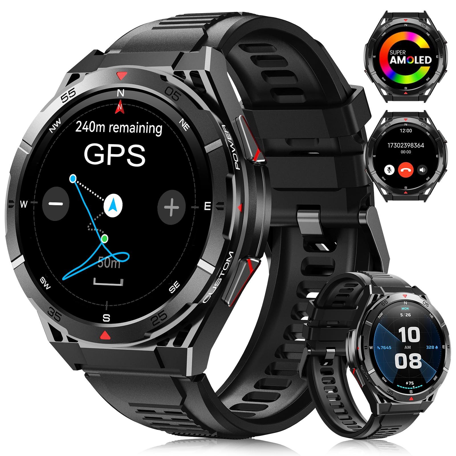 Bambooinn GPS Smartwatch Herren X2, L1+L5-Zweifrequenz GPS, 10ATM Wasserdicht Smartwatch (1,43 Zoll, Android IOS), Telefonfunktion Schlafüberwachung SpO2 Kompass Luftdruck,130+Sportmodi