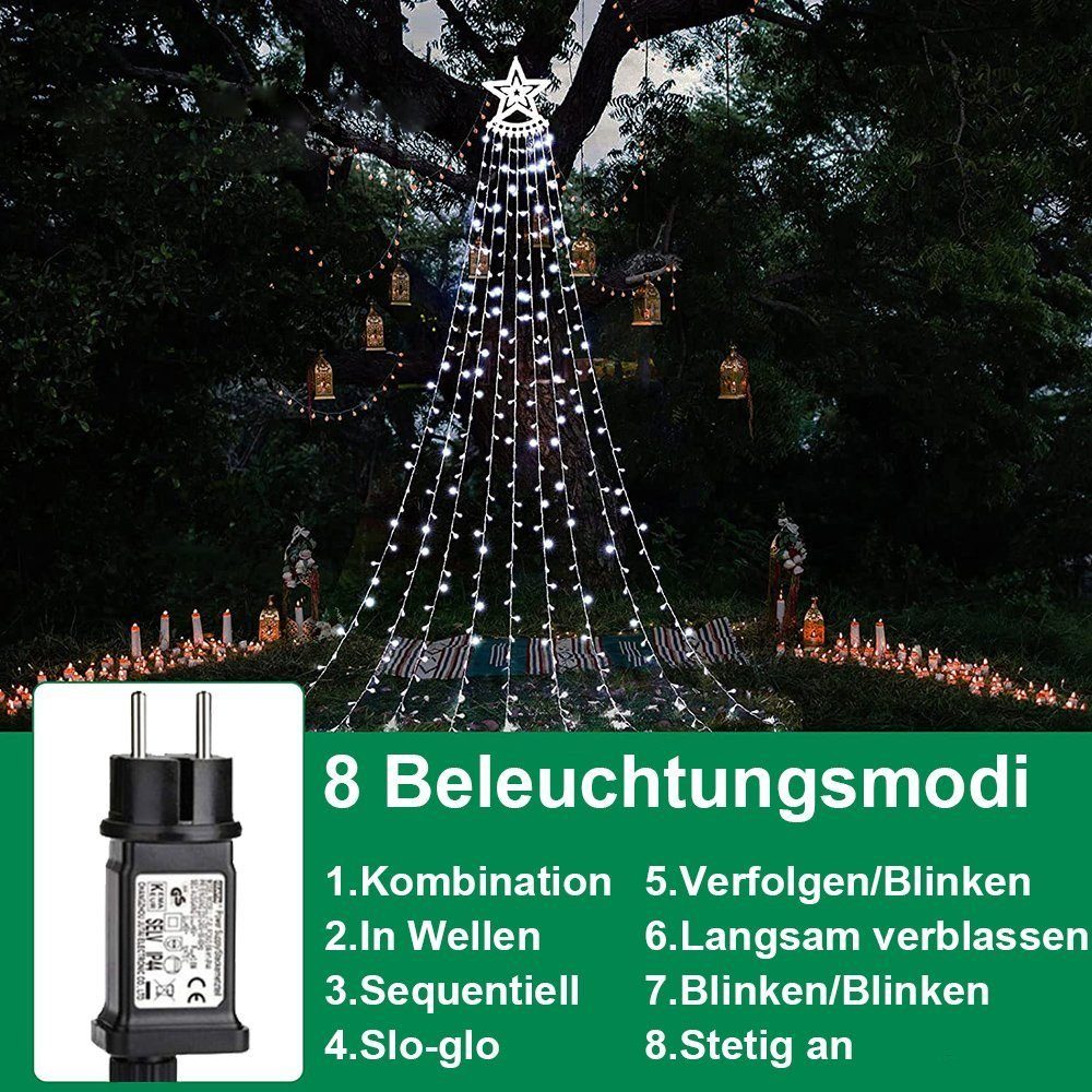 Sunicol LED-Baummantel 3.4M Stern Beleuchtung,Außen -mit 31V Weiß LED Wasserfall Weihnachtsbaum 350 Energiesparen, Garten, wasserdicht 8 Modi, Party